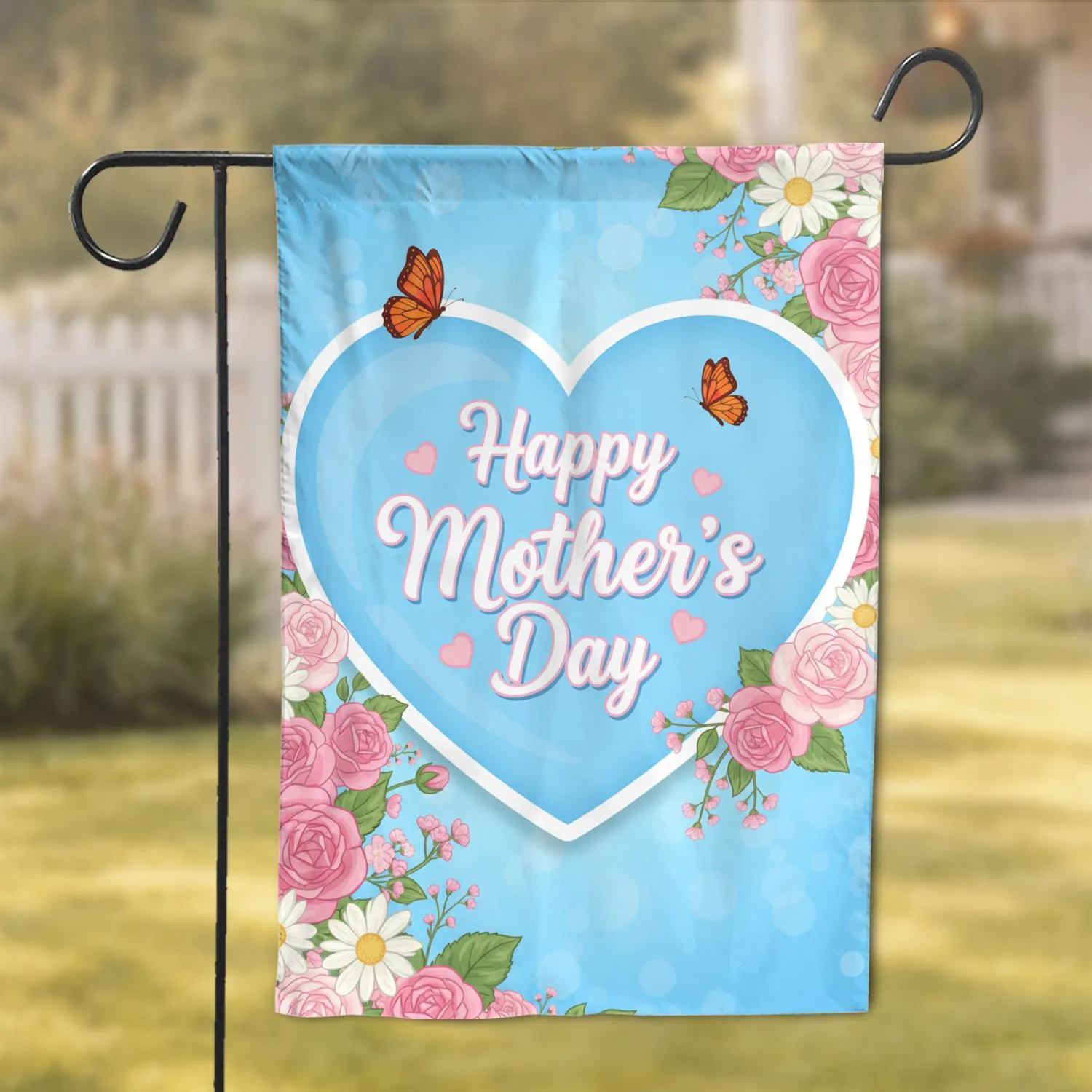 Large Glowing Heart Happy Mother's Day Floral Butterfly - Mother's Day Gift for Mom Garden Flag - 1