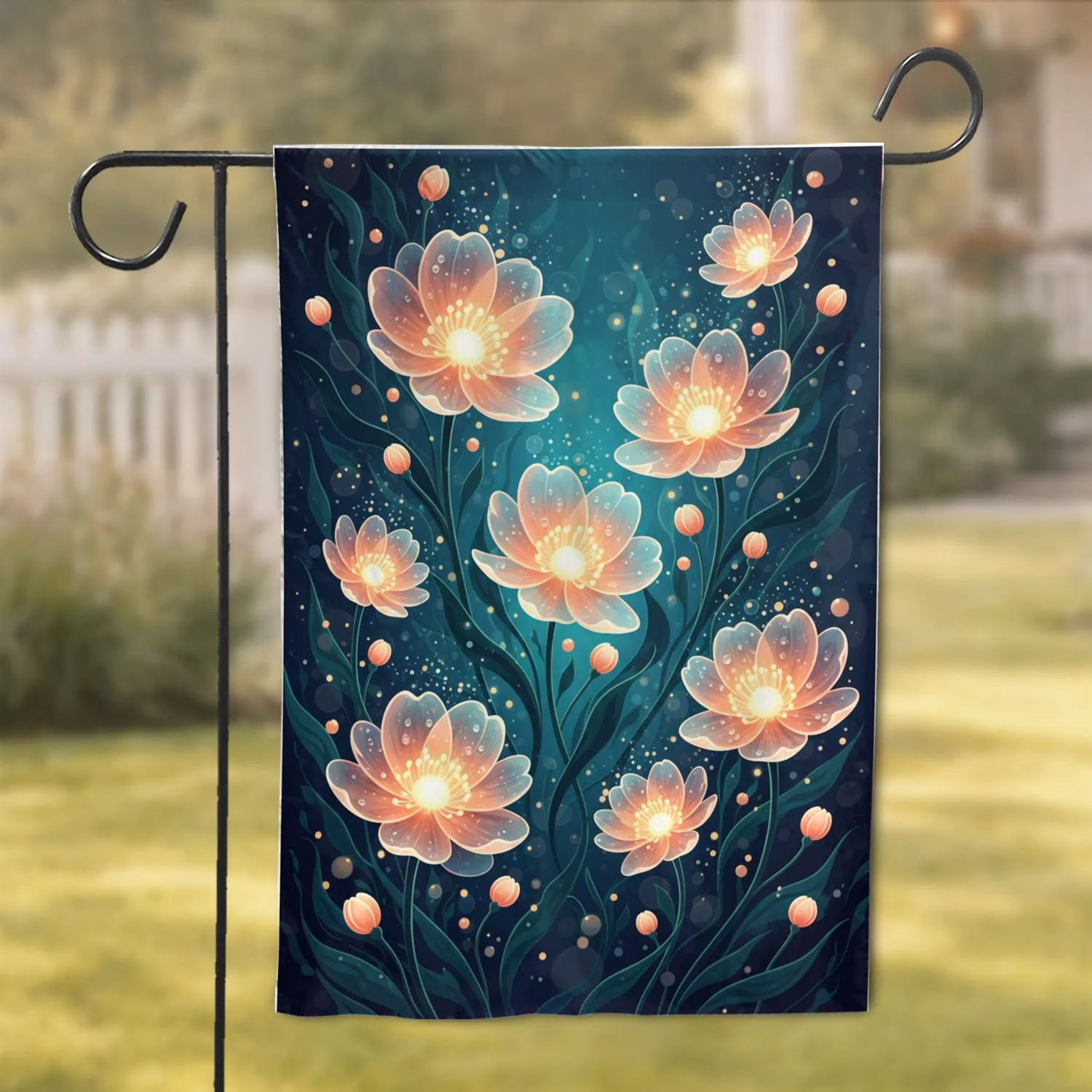 Glowing Translucent Cosmos Flowers Deep Teal Garden - Outdoor Home Decor Gift Garden Flag - 1