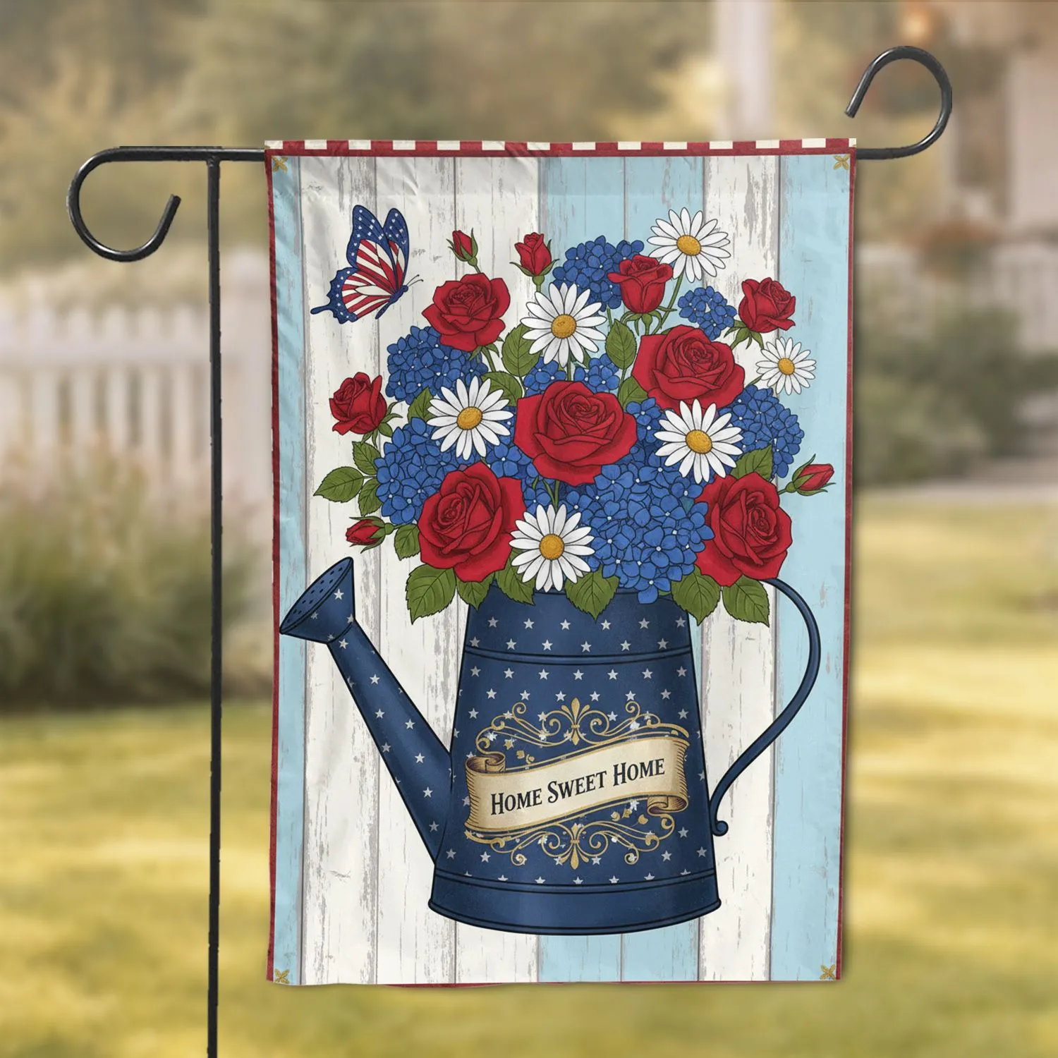 Vintage Watering Can Roses Home Sweet Home - USA Anniversary Independence Day Garden Flag - 1