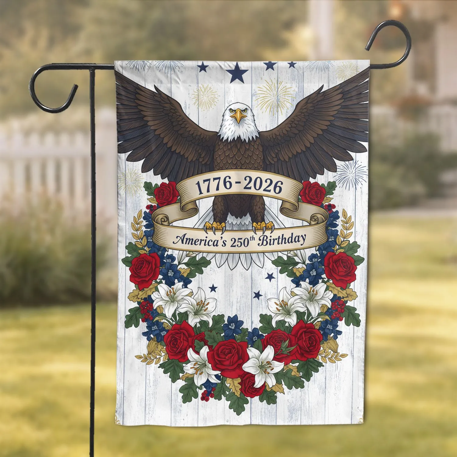 Bald Eagle Patriotic Floral American 250th Anniversary (1776-2026) Holiday Gift Garden Flag - 1
