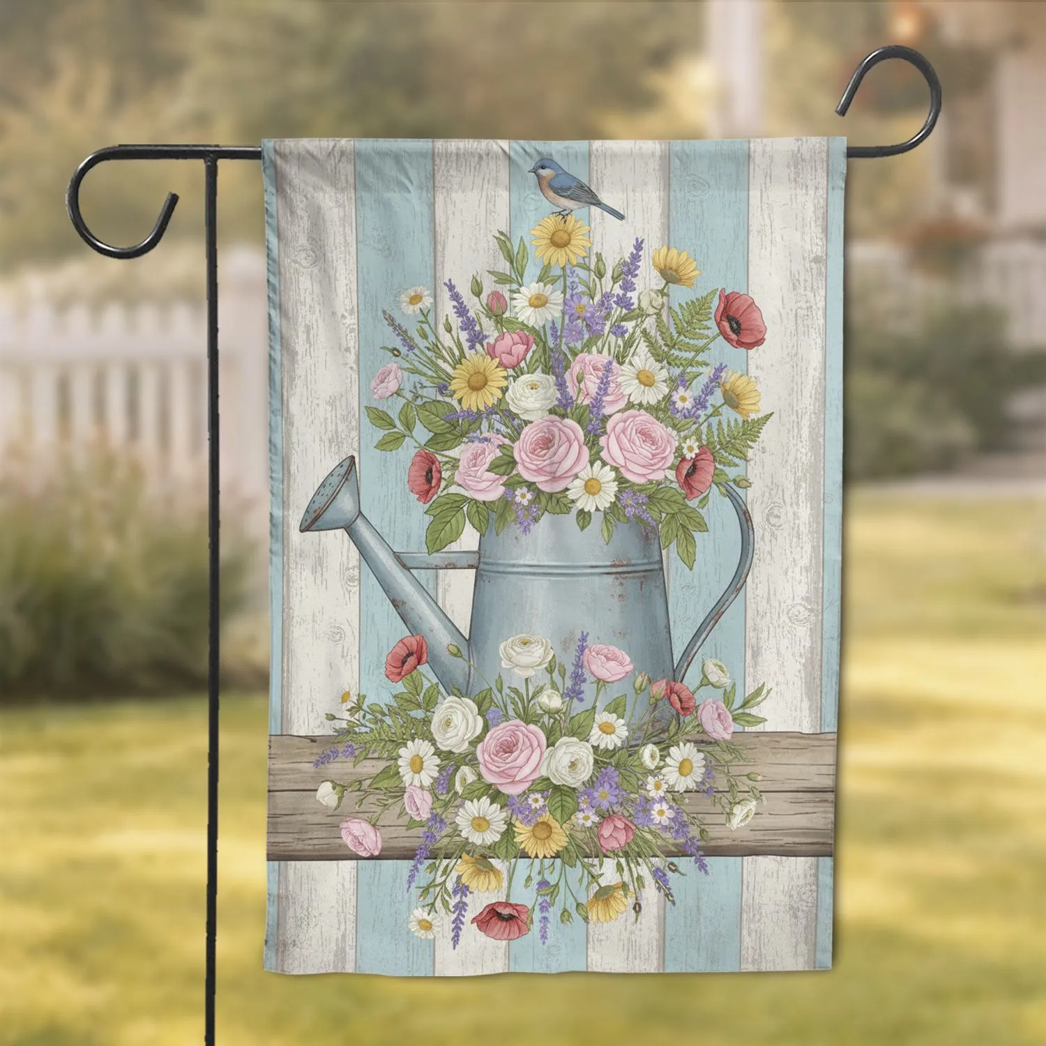 Shabby Chic Watering Can Wildflower Songbird Farmhouse Home Decor Gift for Garden Lover Garden Flag - 1