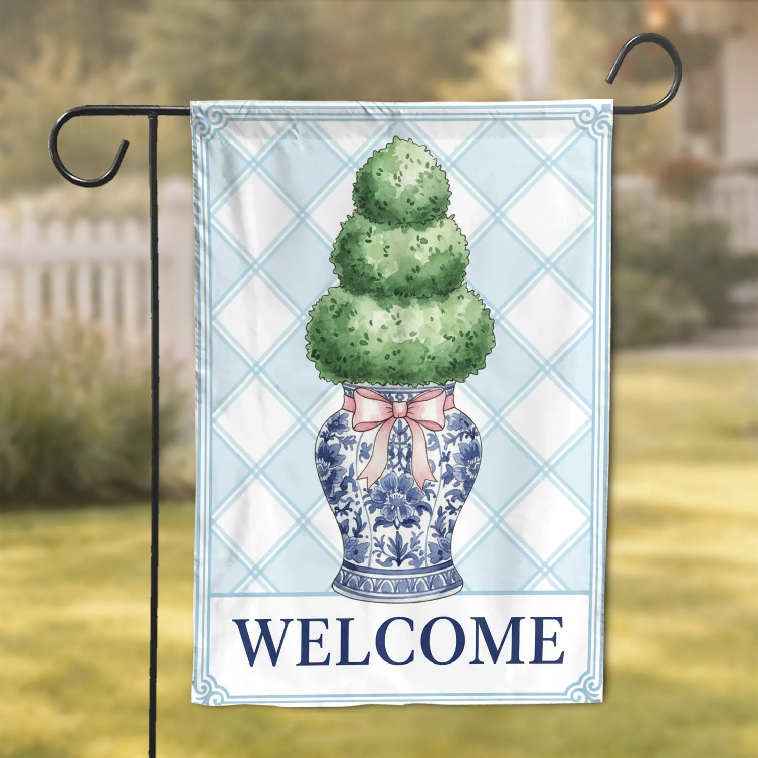 Welcome Topiary Tree Chinoiserie Ginger Jar Trailing Vines Home Decor Gift Garden Flag - 1