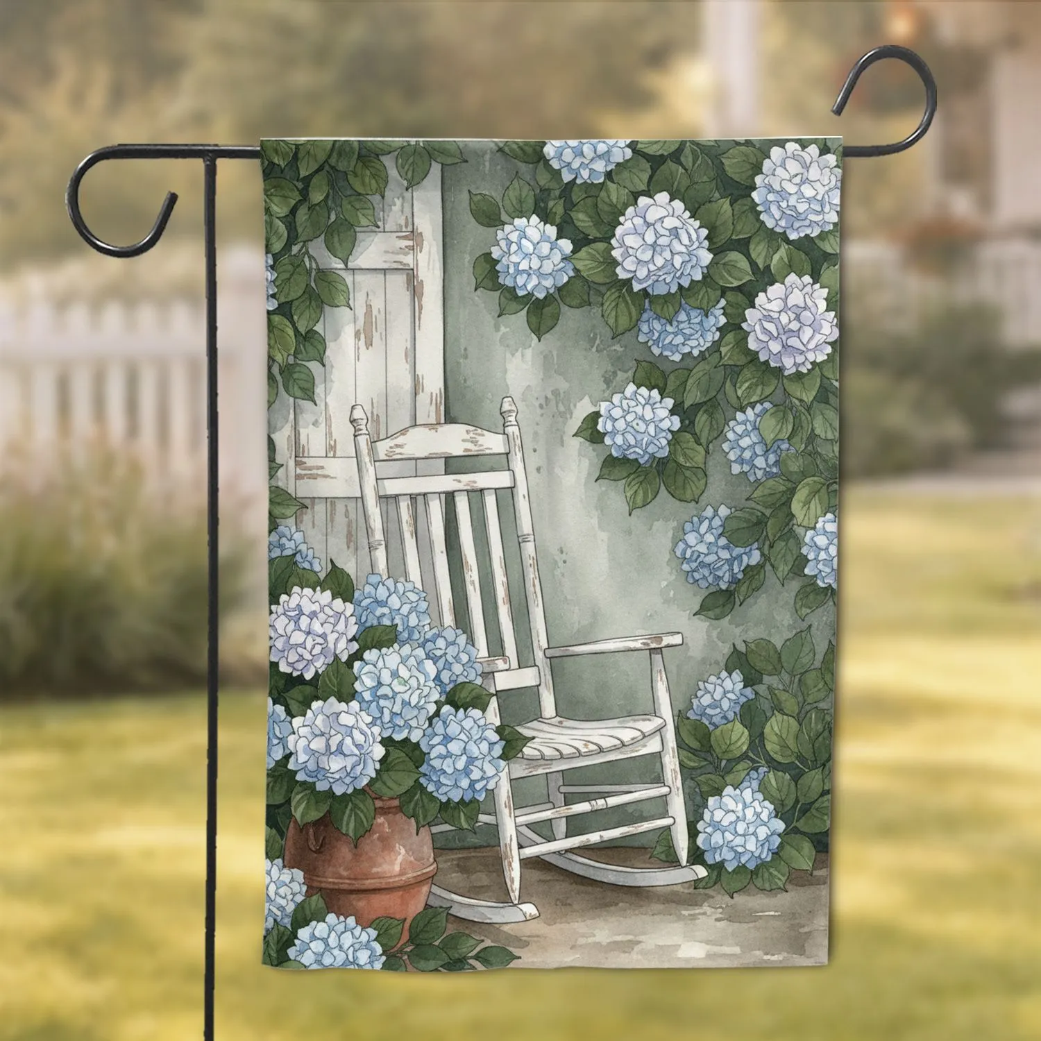 Weathered Rocking Chair Hydrangea Pot Scene - Outdoor Living Decor Gift Garden Flag - 1
