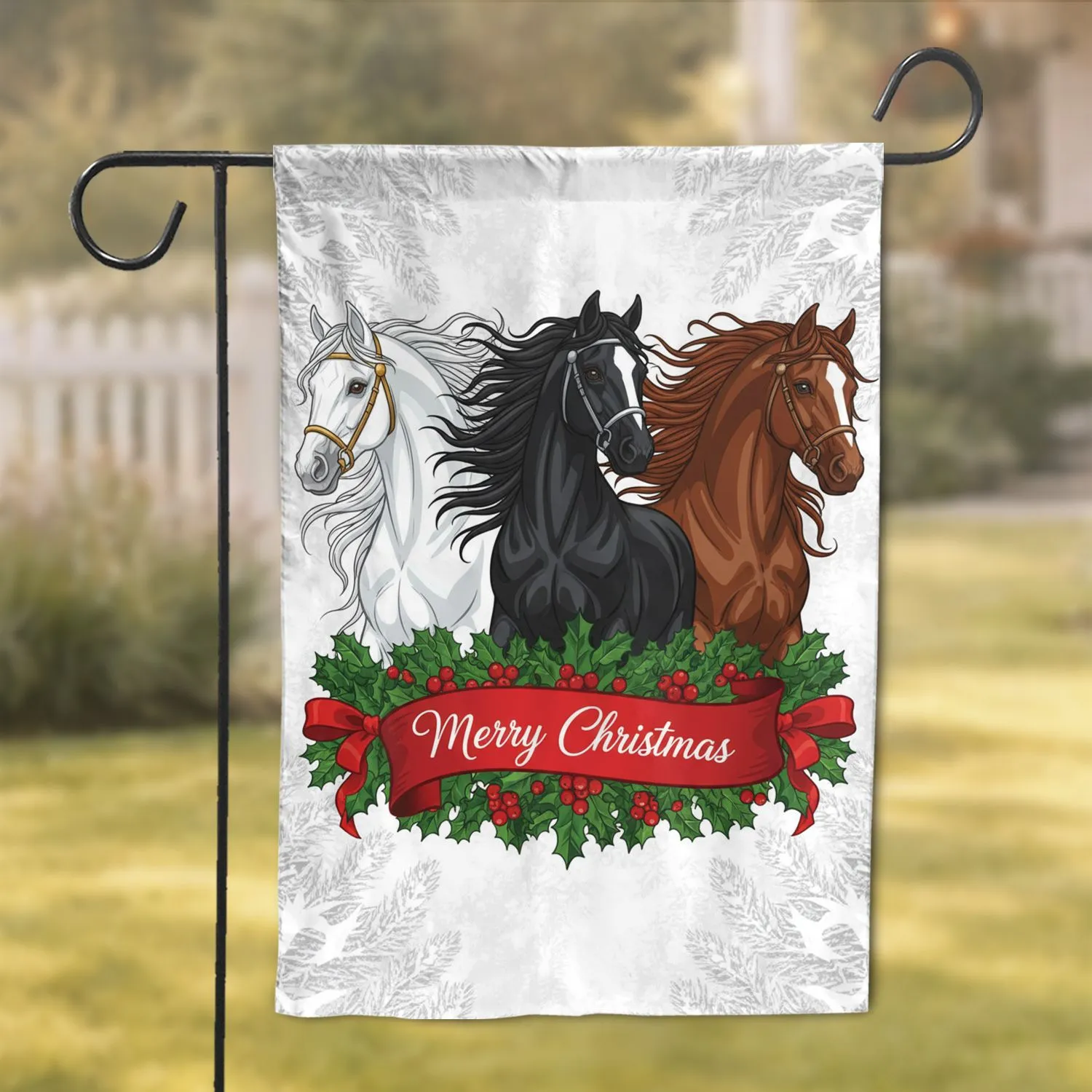 Arabian Friesian Thoroughbred Horses Winter Merry Christmas Garden Flag - 1