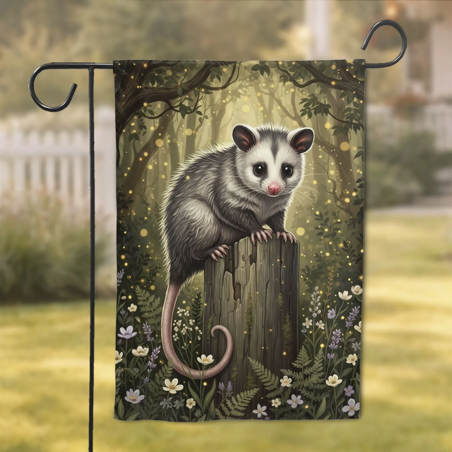 Possum on Wooden Fence Post, Fireflies & Lavender Flowers - Wildlife Lover Gift Garden Flag - 1