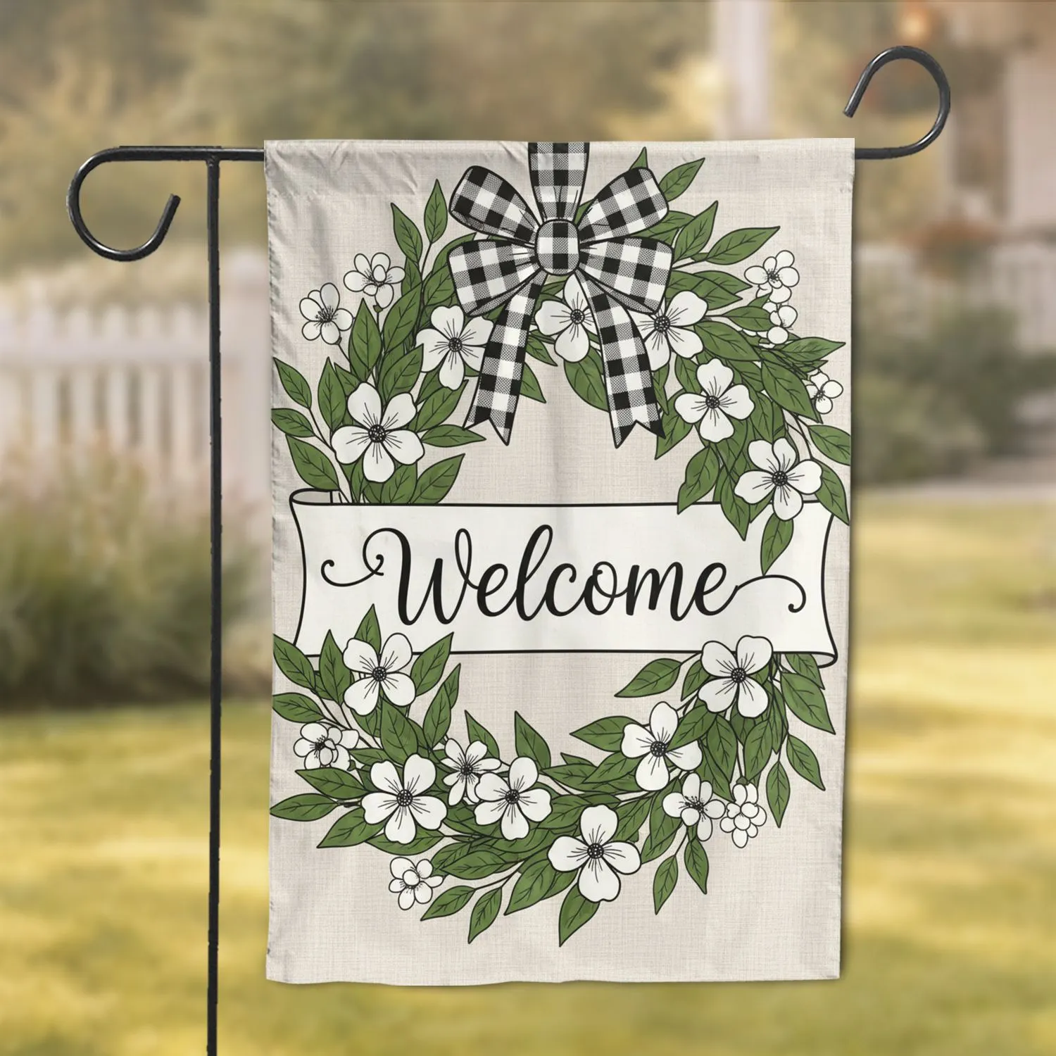 White Flower Botanical Wreath Welcome Banner Buffalo Check - Farmhouse Home Decor Garden Flag - 1