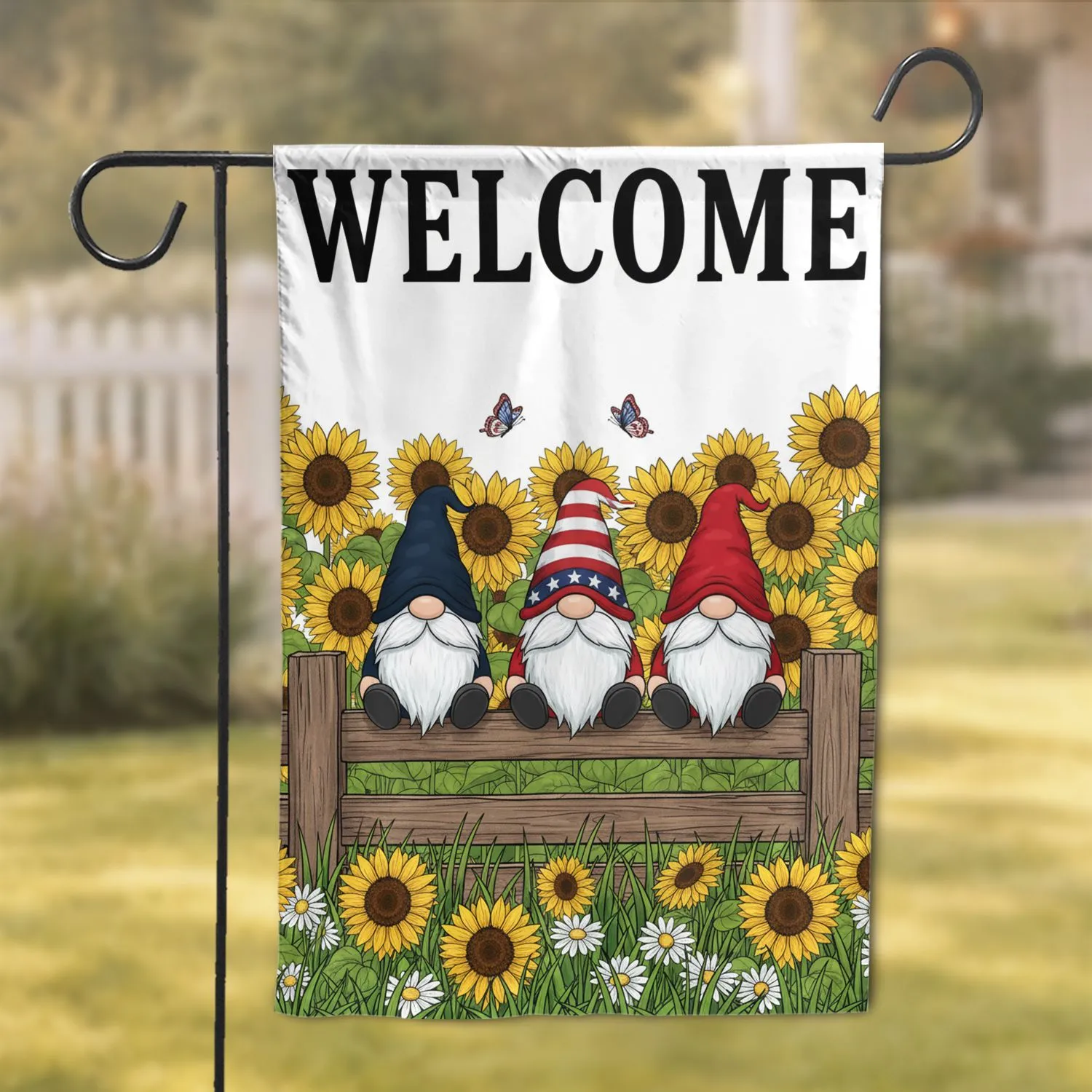Welcome Gnomes Sunflowers Butterflies Rustic Fence - Everyday Home Decor Gift Garden Flag - 1
