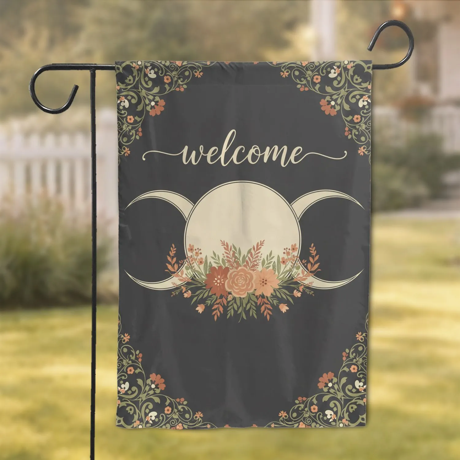 Triple Moon Welcome Floral Botanical - Home Decor Gift Garden Flag - 1
