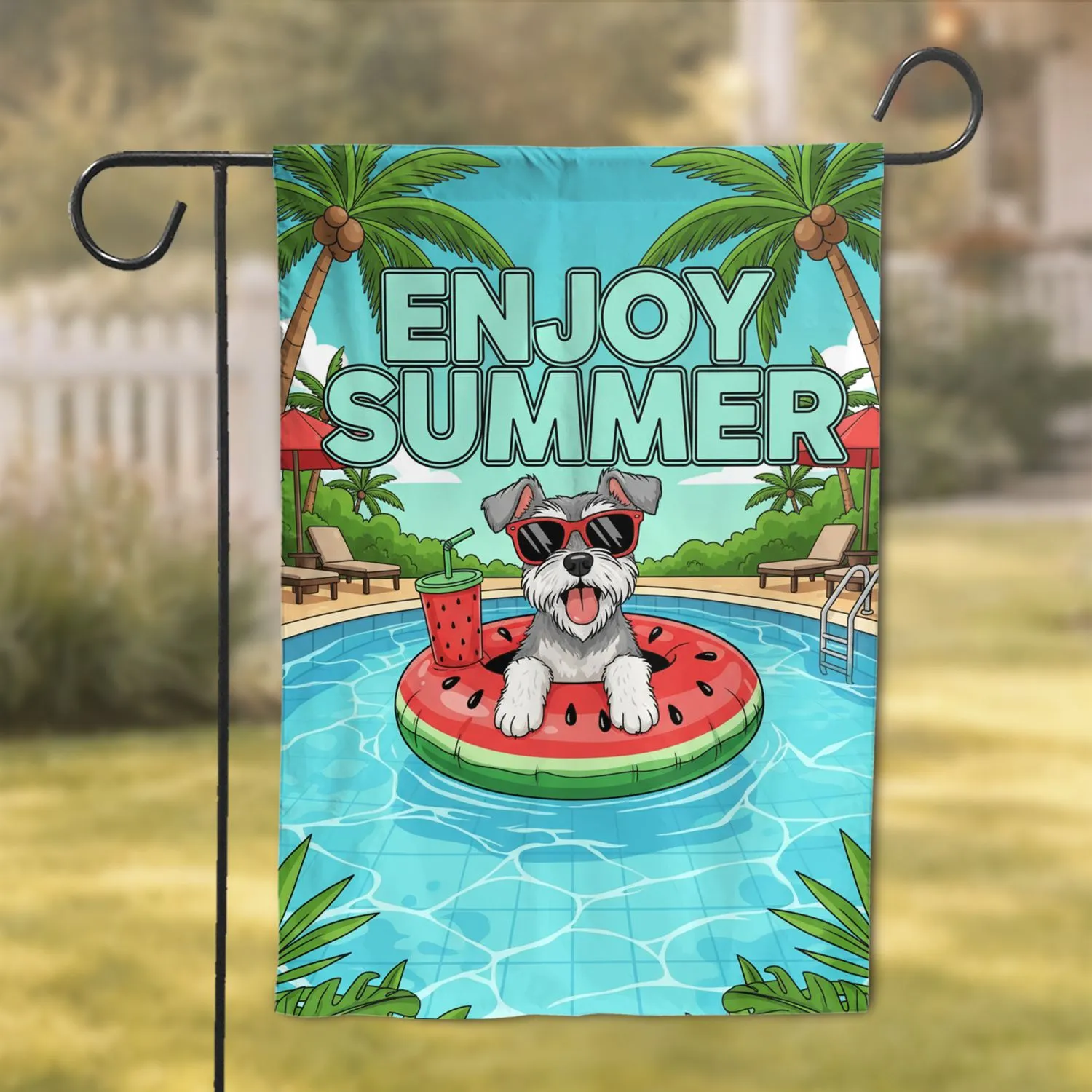 Schnauzer Dog Watermelon Float Poolside 'Enjoy Summer' Tropical Decor Garden Flag - 1