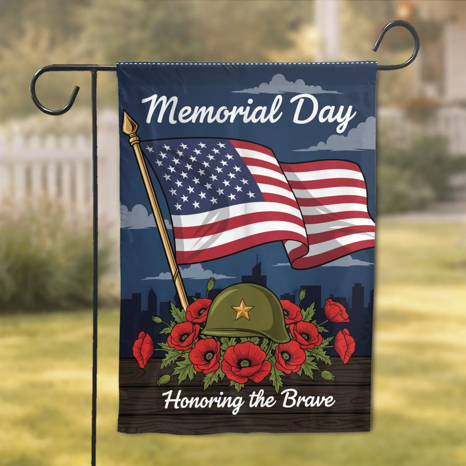 American Flag Military Helmet Poppies - Memorial Day Honoring the Brave Garden Flag - 1