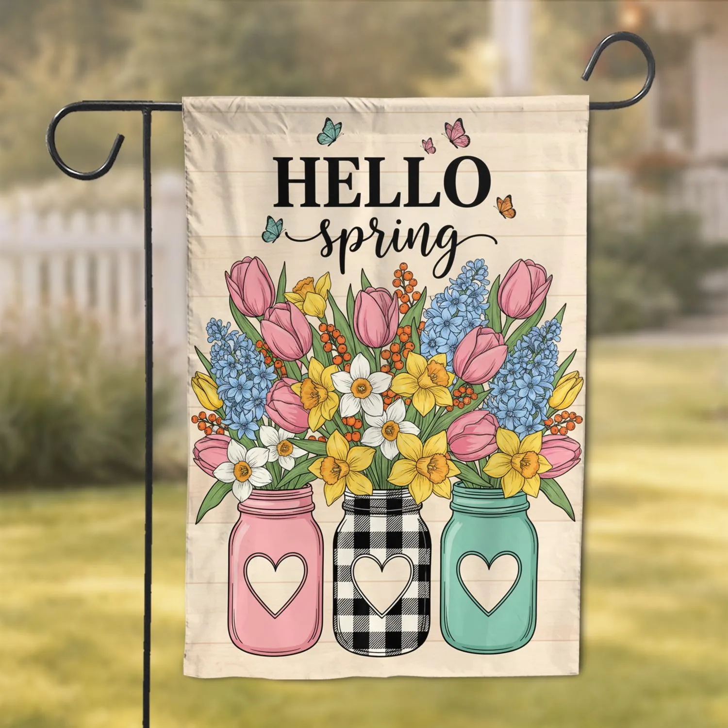 Hello Spring Floral Mason Jar Bouquet Butterflies - Everyday Home Decor Gift Garden Flag - 1