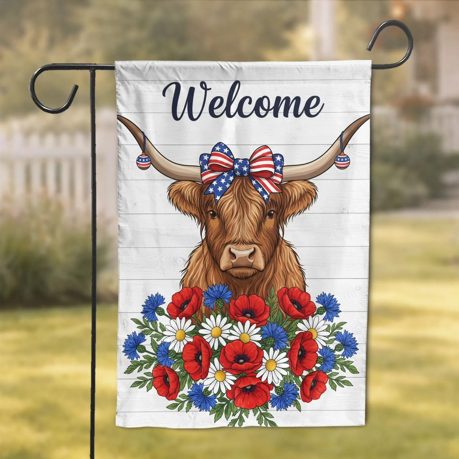 Highland Cow Patriotic Welcome America 250th Anniversary Independence Garden Flag - 1