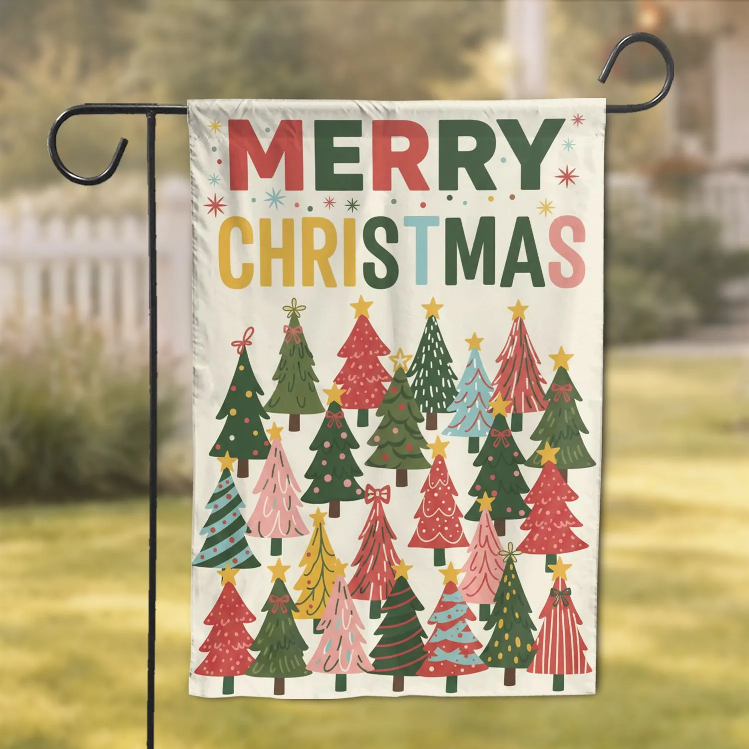 Merry Christmas Text Forest Trees Stars Ribbons Polka Dots Asterisks Border - Holiday Home Decor Gift Garden Flag - 1