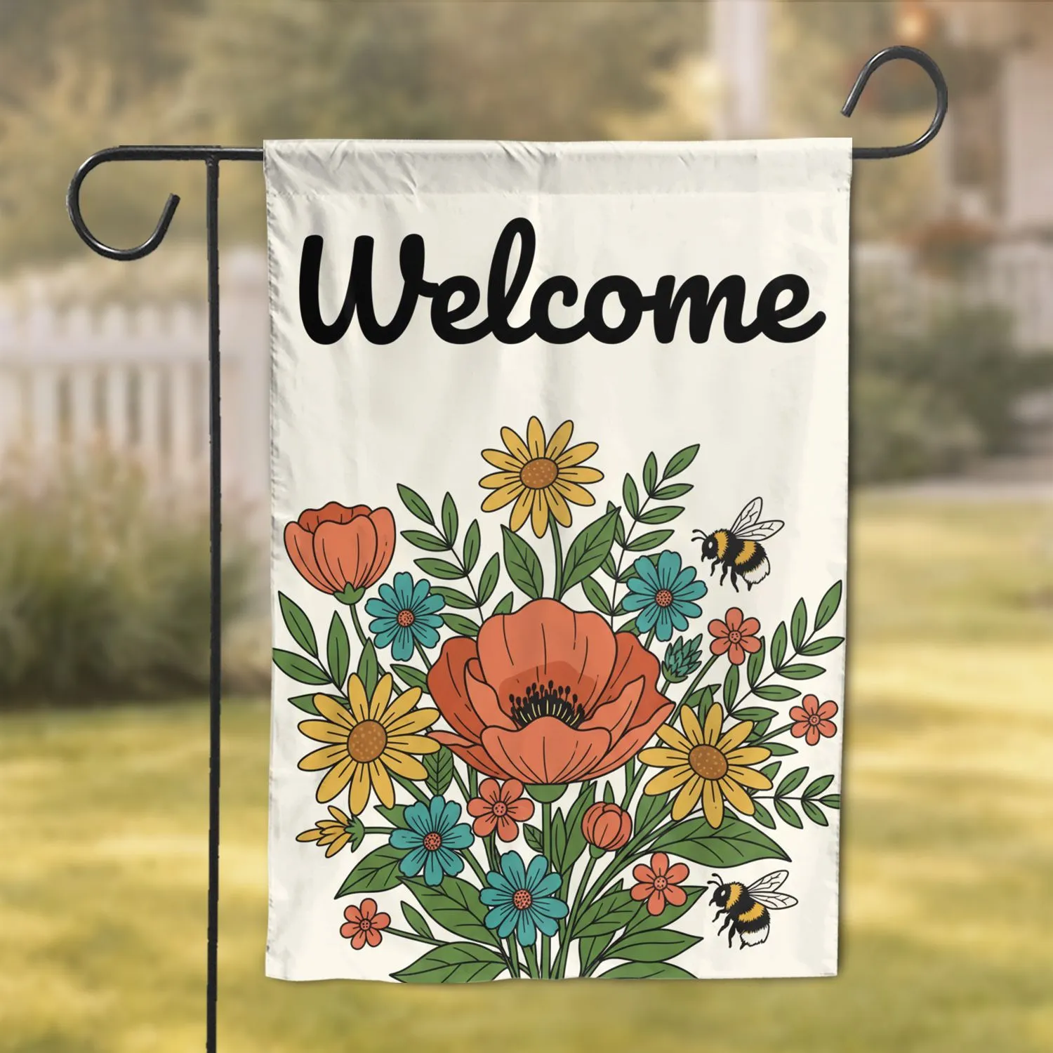 Welcome Script Bumblebee Poppy Daisy Floral Bouquet - Everyday Home Decor Gift Garden Flag - 1