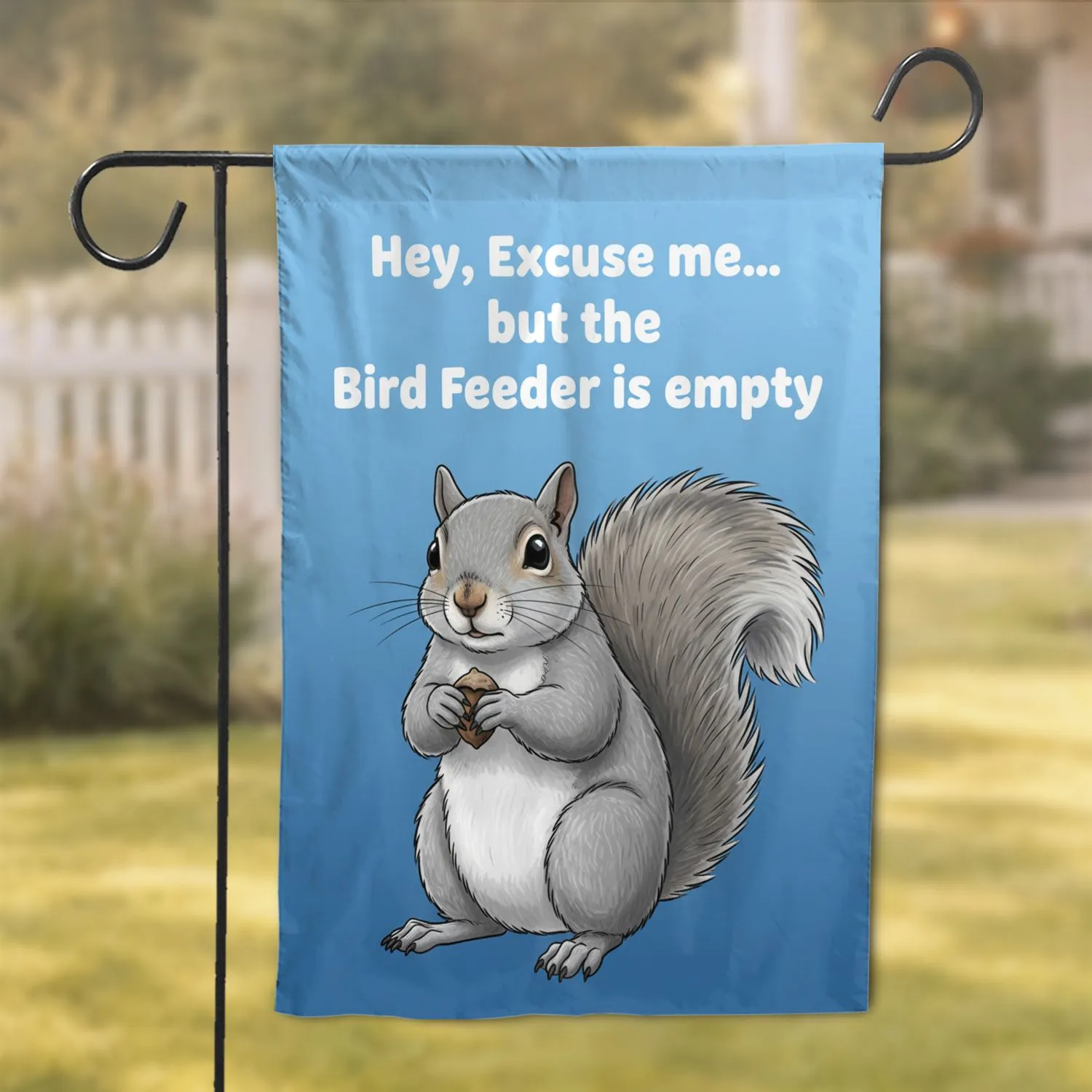 Large Upright Squirrel Holding Nut 'Bird Feeder Empty' Text - Wildlife Home Decor Gift Garden Flag - 1