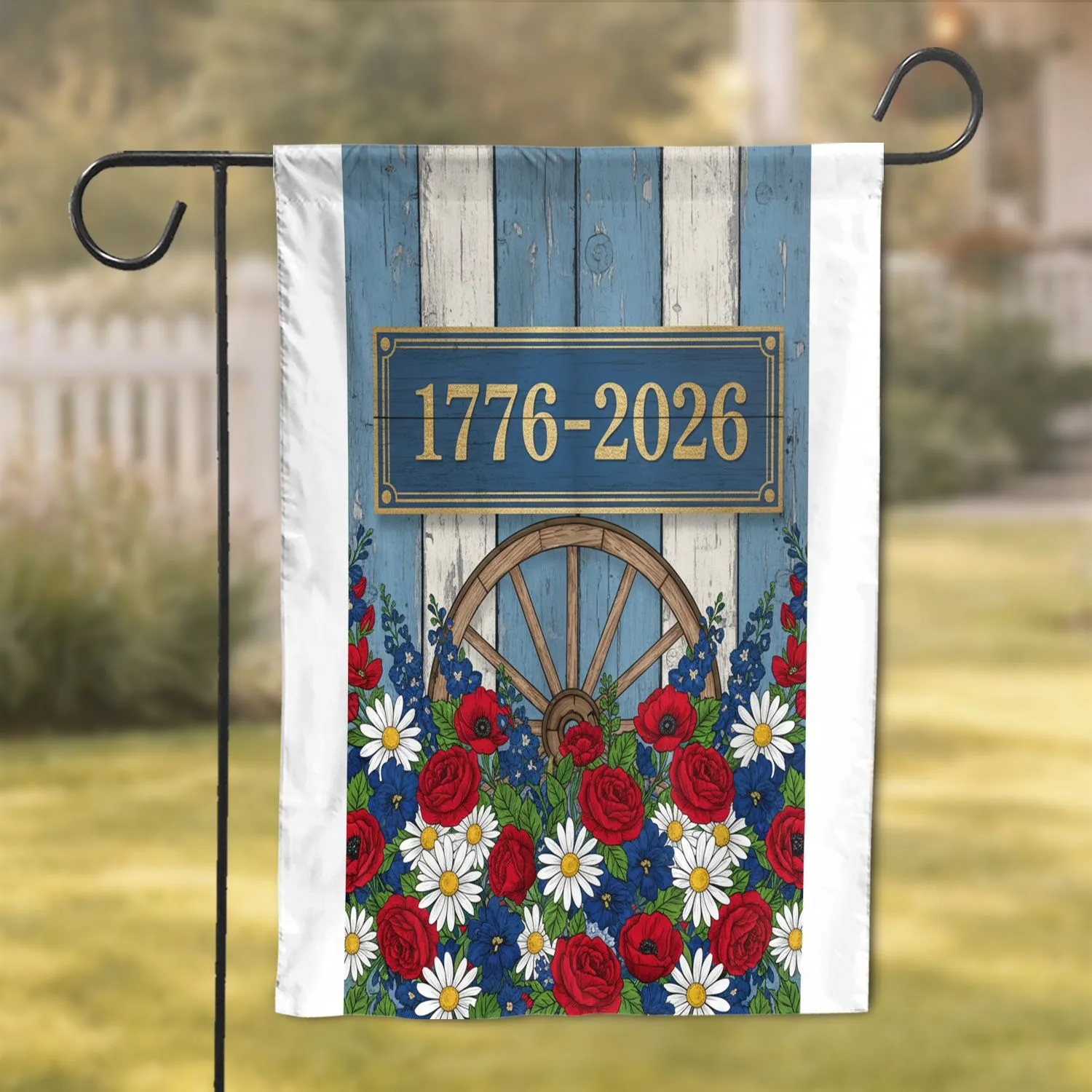 1776-2026 Distressed Banner Patriotic Flowers Wagon Wheel - America 250th Anniversary Garden Flag - 1
