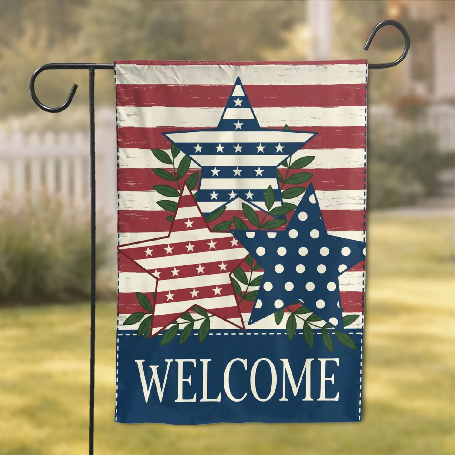 Welcome Patriotic Stars Botanical Rustic Garden Decor Gift Garden Flag - 1