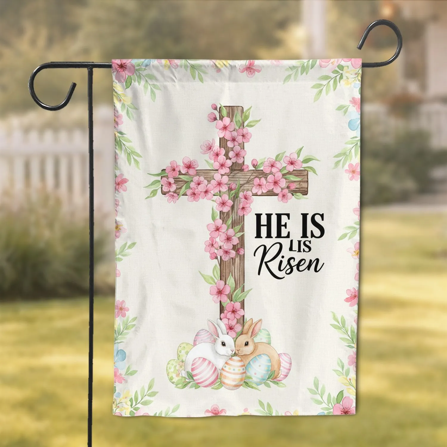 Rustic Wooden Cross Bunnies 'HE IS Risen' - Easter Home Decor Garden Flag - 1