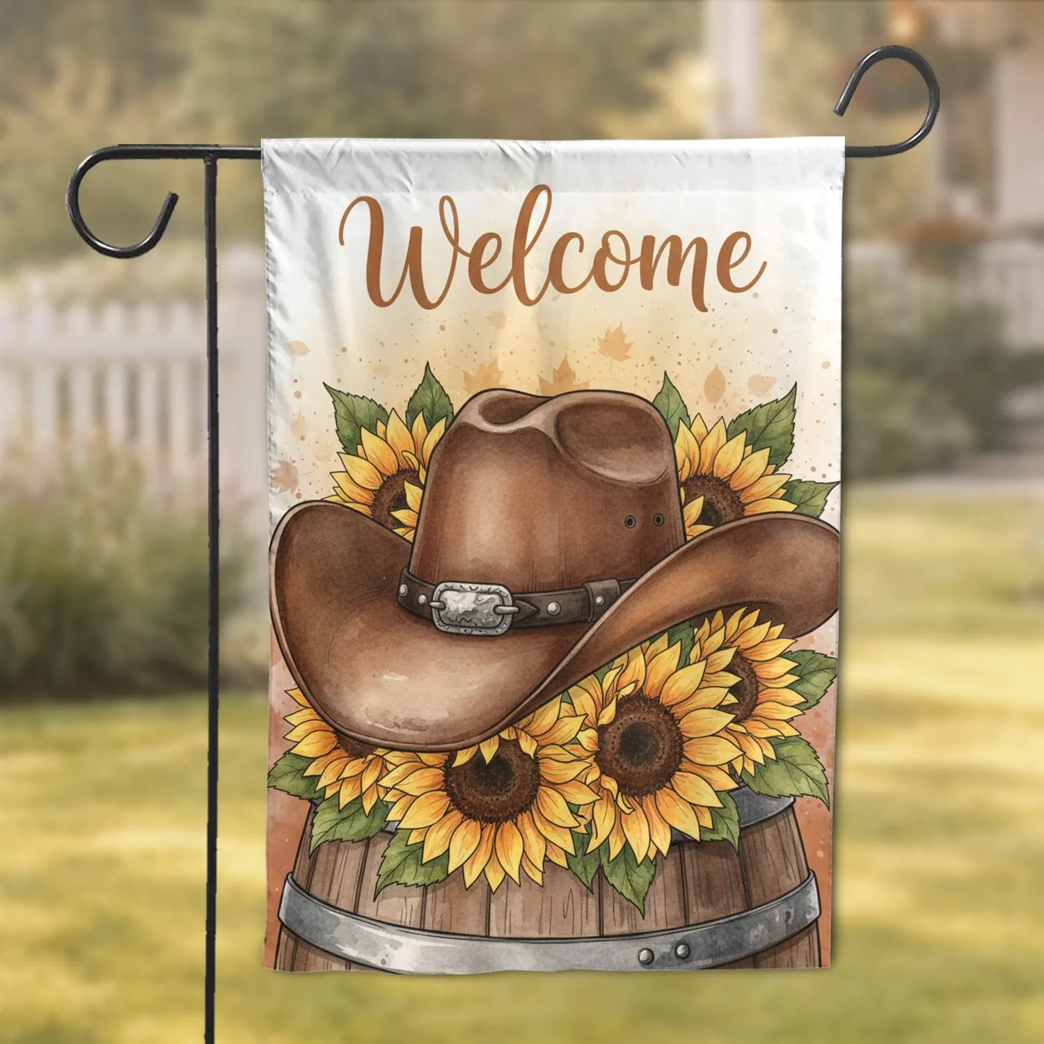 Rustic Cowboy Hat Welcome Barrel Sunflowers - Warm Fall Home Decor Gift Garden Flag - 1