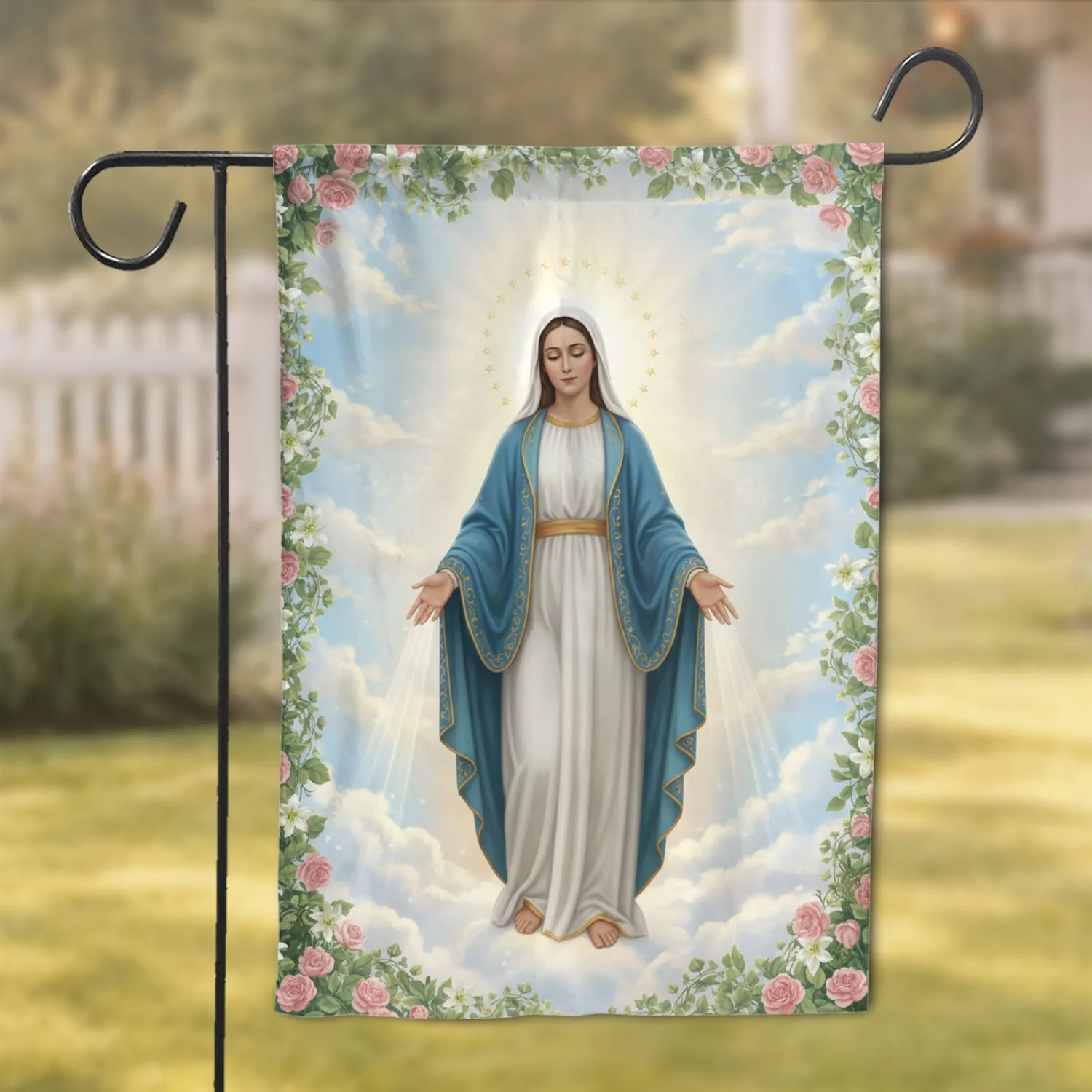 Virgin Mary Golden Halo Flowers - Religious Home Decor Gift Garden Flag - 1
