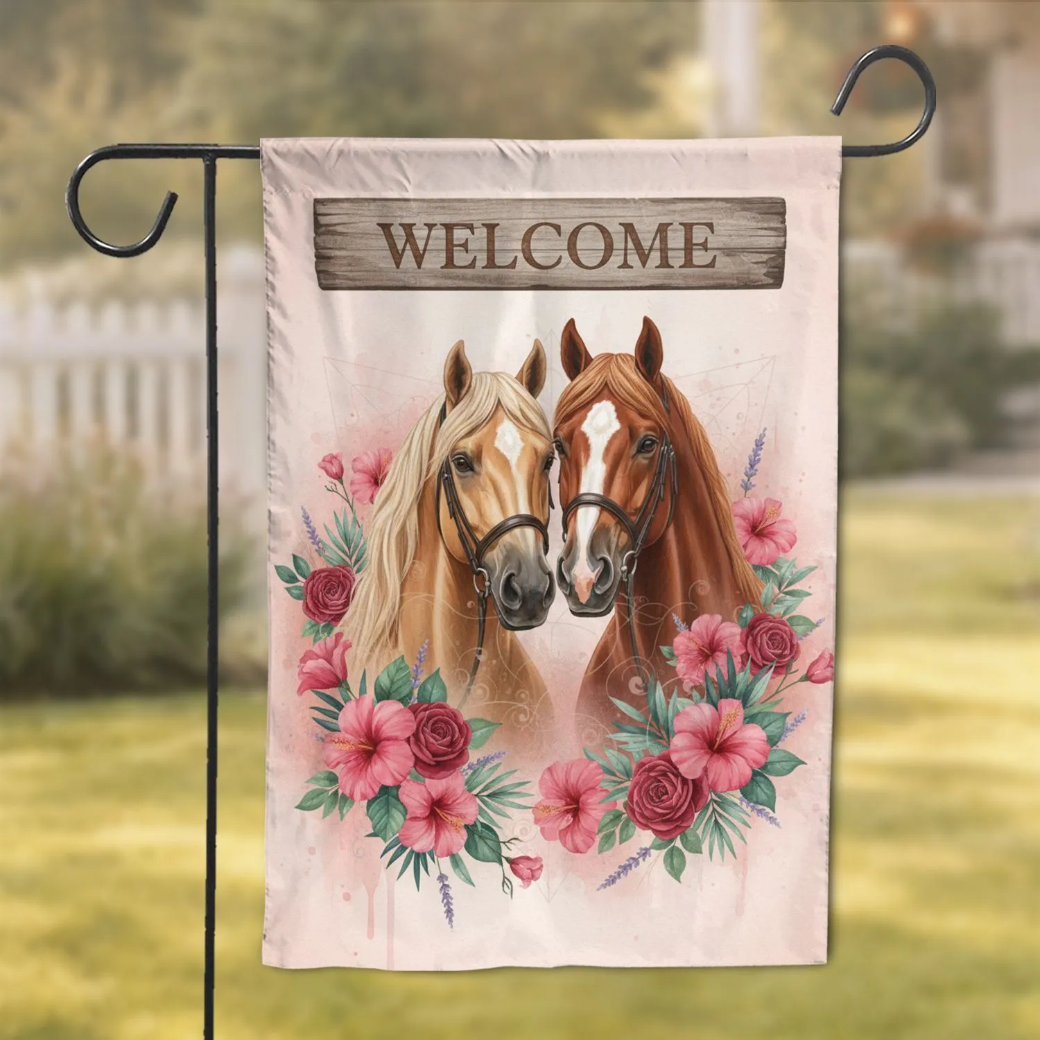 Welcome Palomino Chestnut Horses Hibiscus Roses - Hospitality Home Decor Gift Garden Flag - 1