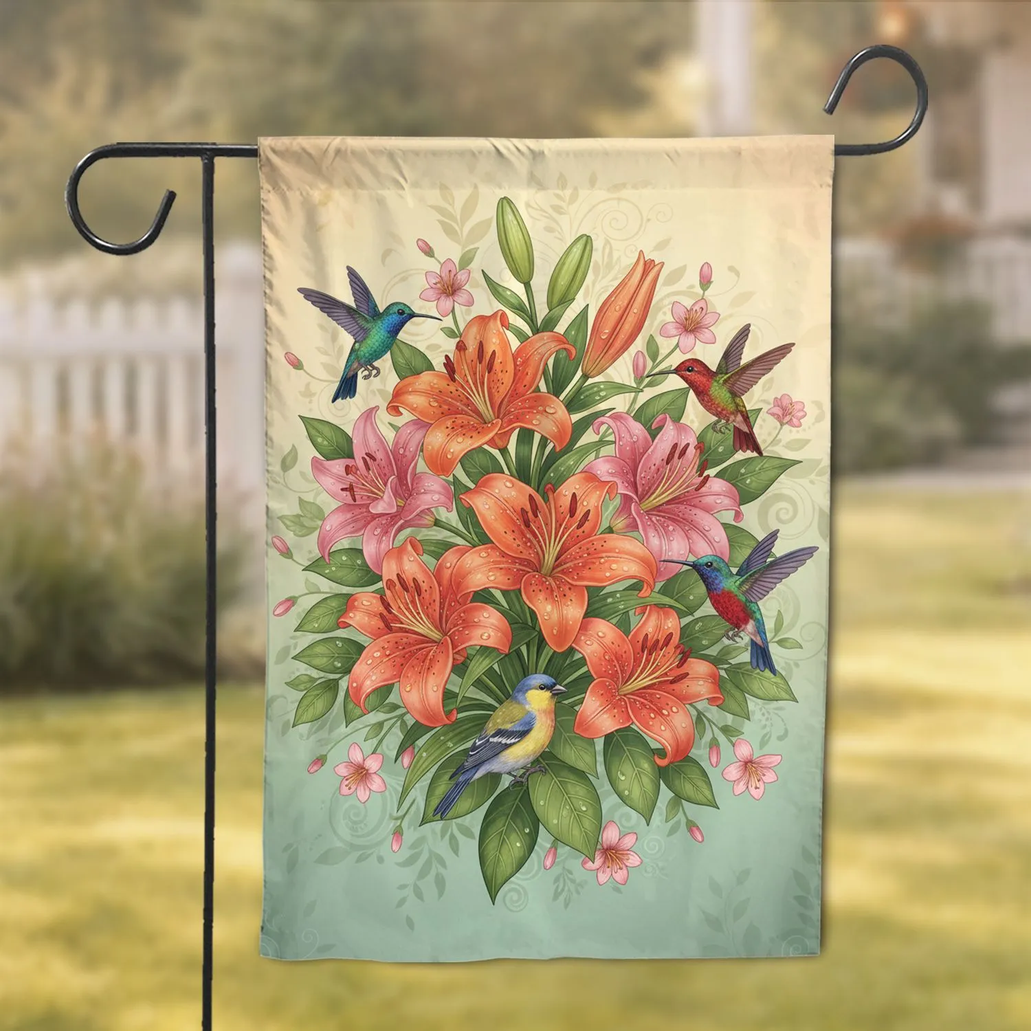 Tiger Lilies Hummingbirds Perching Bird Botanical - Bird Lover Home Decor Gift Garden Flag - 1