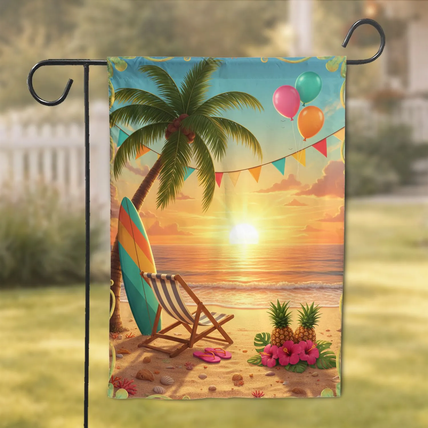 Palm Tree Surfboard Sunset Beach Party - Home Decor Gift for Beach Lover Garden Flag - 1