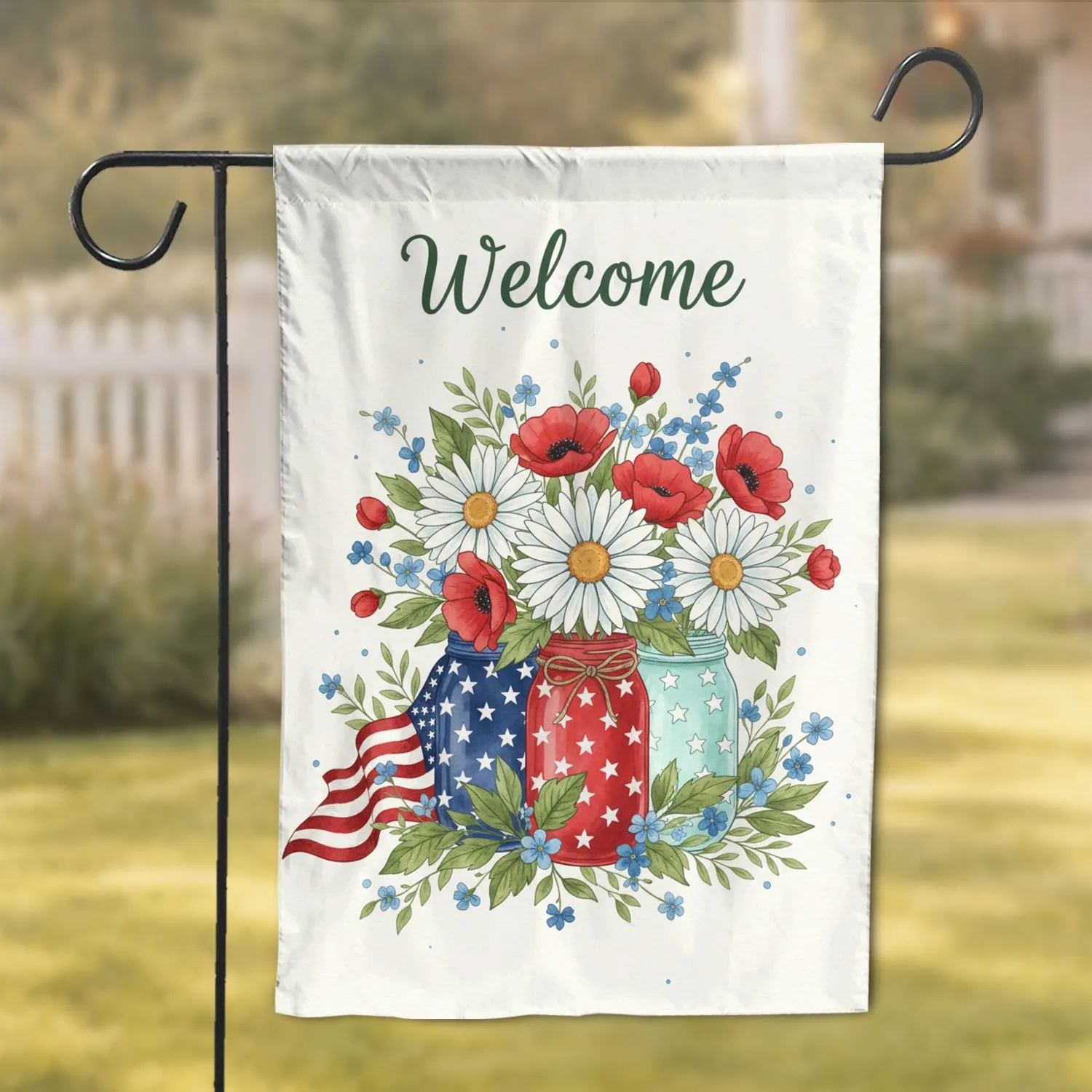 Welcome American Flag Patriotic Floral Mason Jar Arrangement - Everyday Home Display Gift Garden Flag - 1