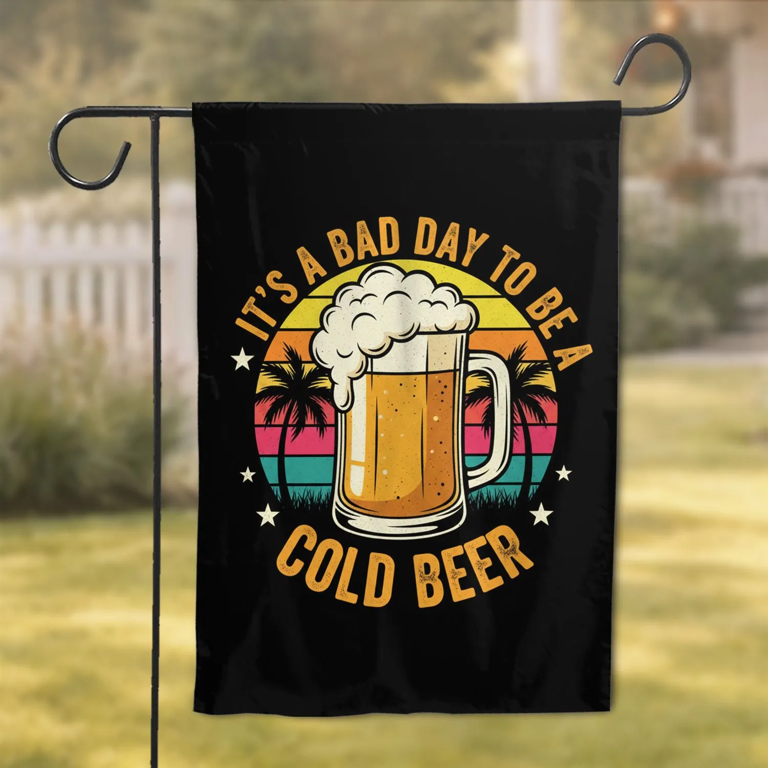 Beer Mug 'IT'S A BAD DAY TO BE A COLD BEER' Retro Sunset Palm Trees - Home Bar Decor Gift Garden Flag - 1