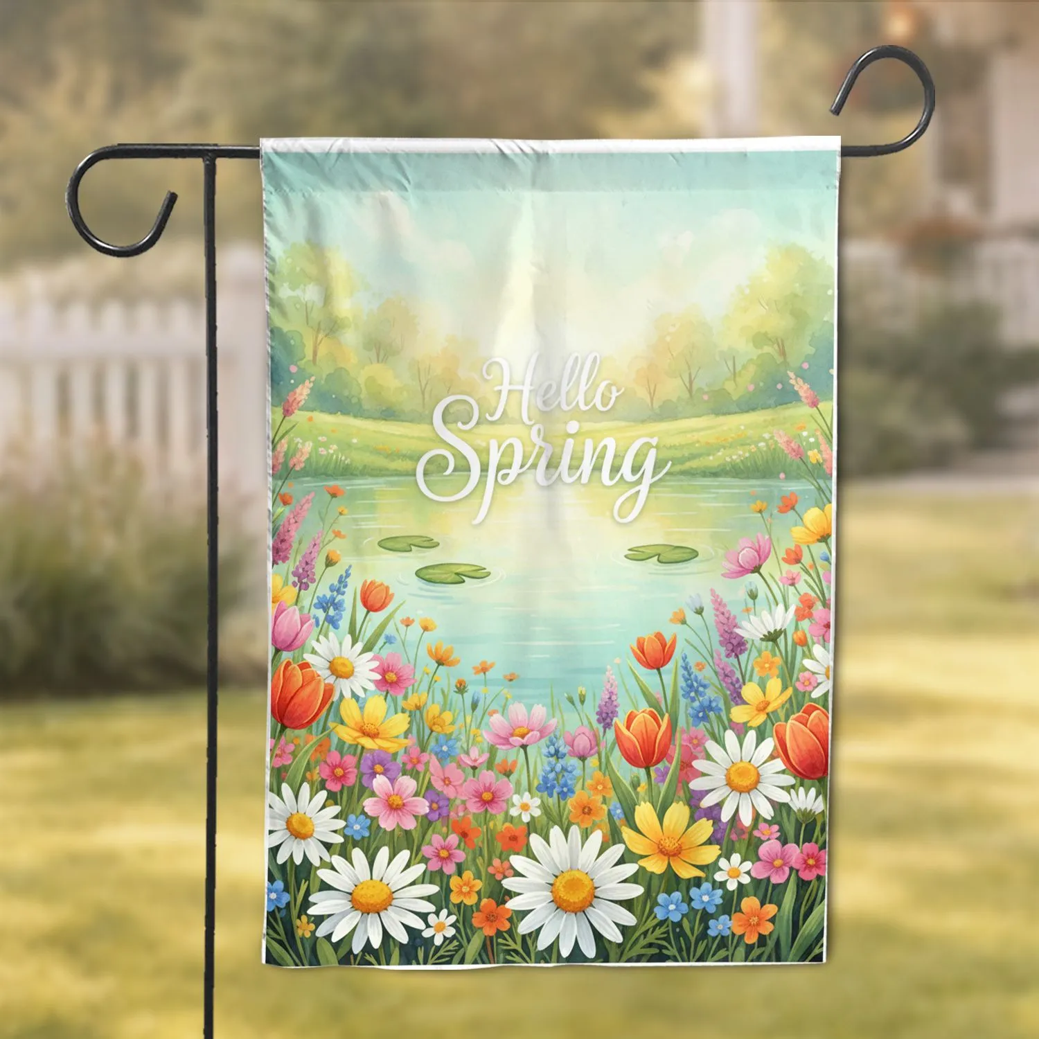 Hello Spring Wildflowers Daisies Tulips Pond Meadow - Spring Season Decor Garden Flag - 1