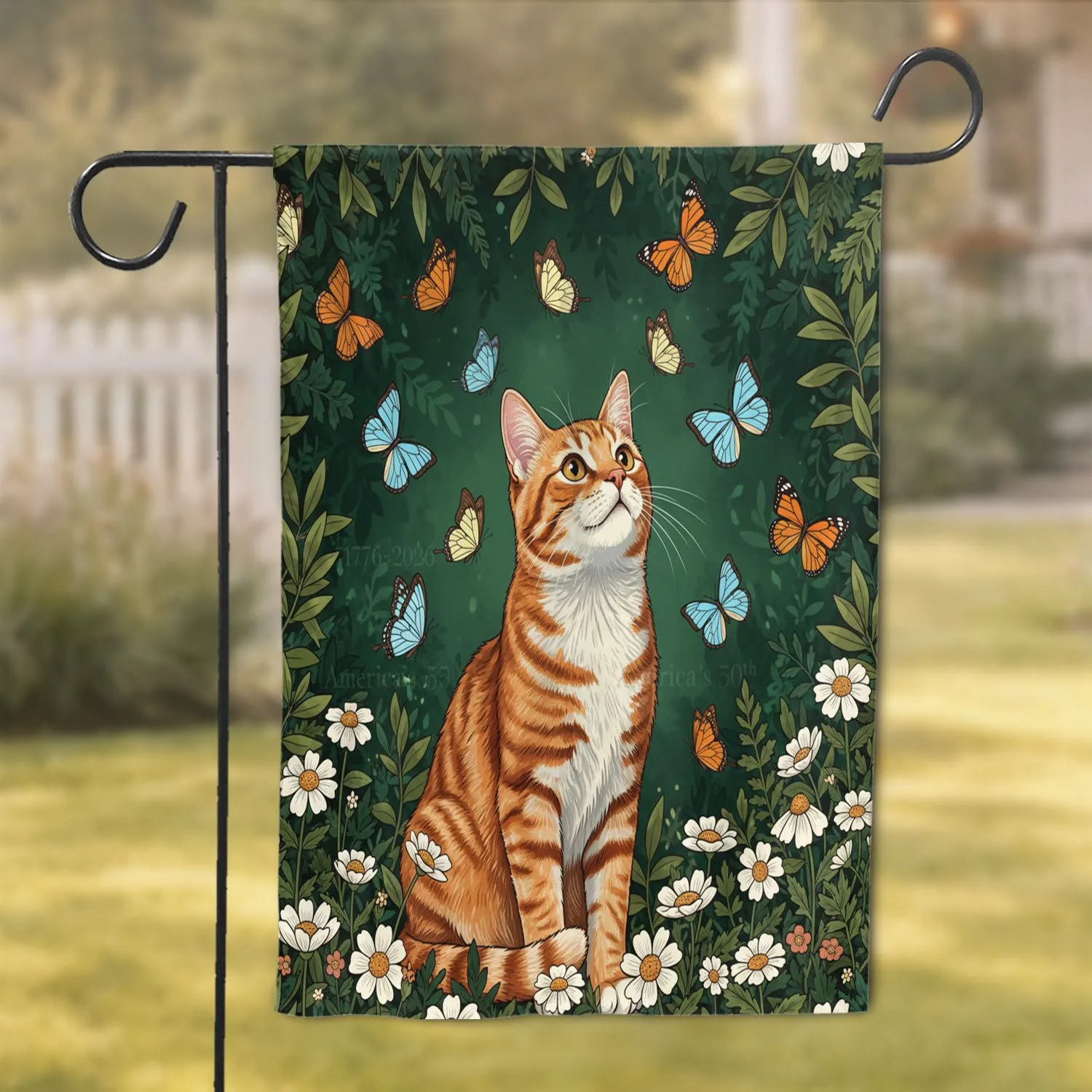 Ginger Tabby Cat Butterflies Flowers Forest - Home Decor Gift for Cat Lovers Garden Flag - 1