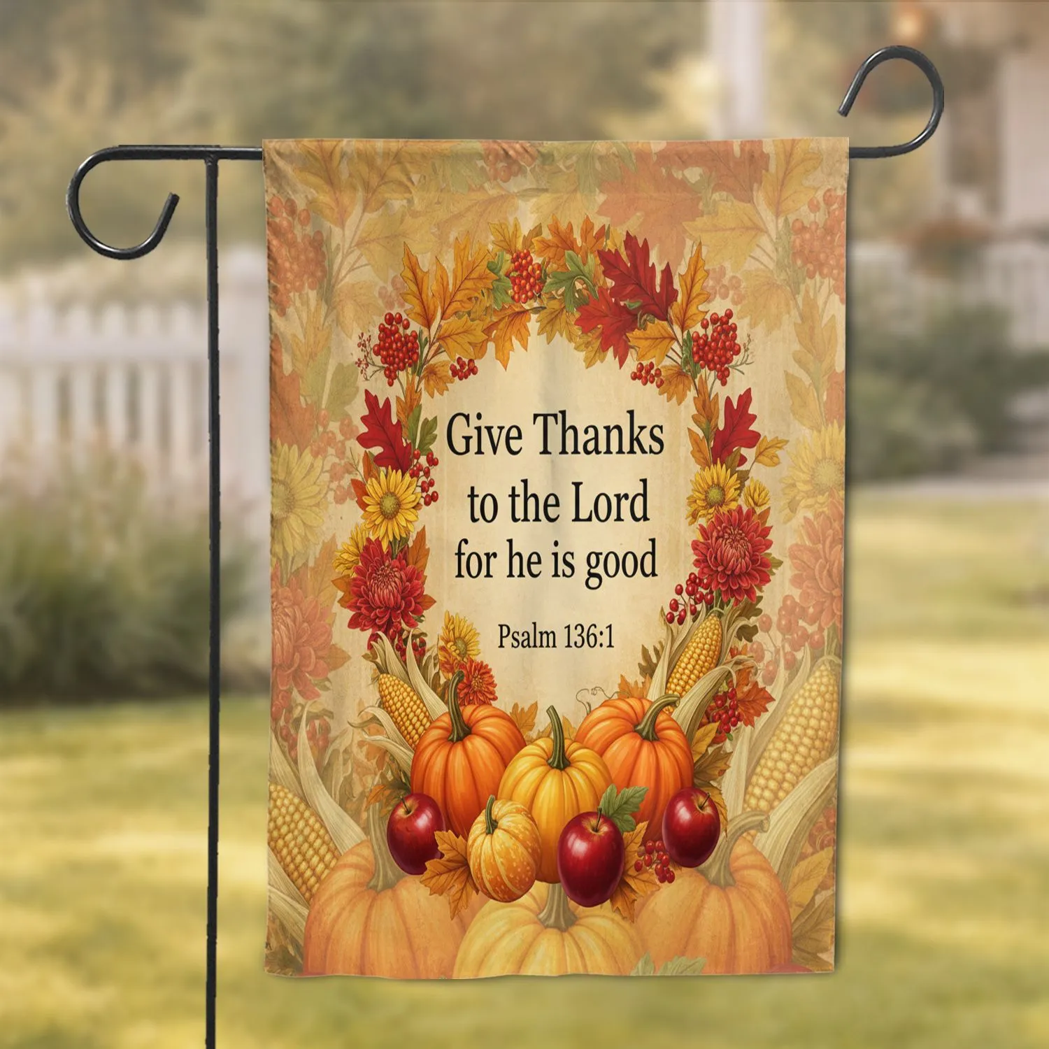 Give Thanks Psalm 136:1 Scripture Harvest Thanksgiving Fall Home Decor Gift Garden Flag - 1