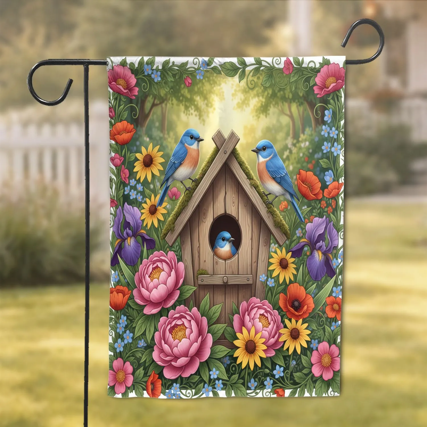 Bluebirds Birdhouse Wildflowers Woodland - Wildlife Lover Home Decor Gift Garden Flag - 1