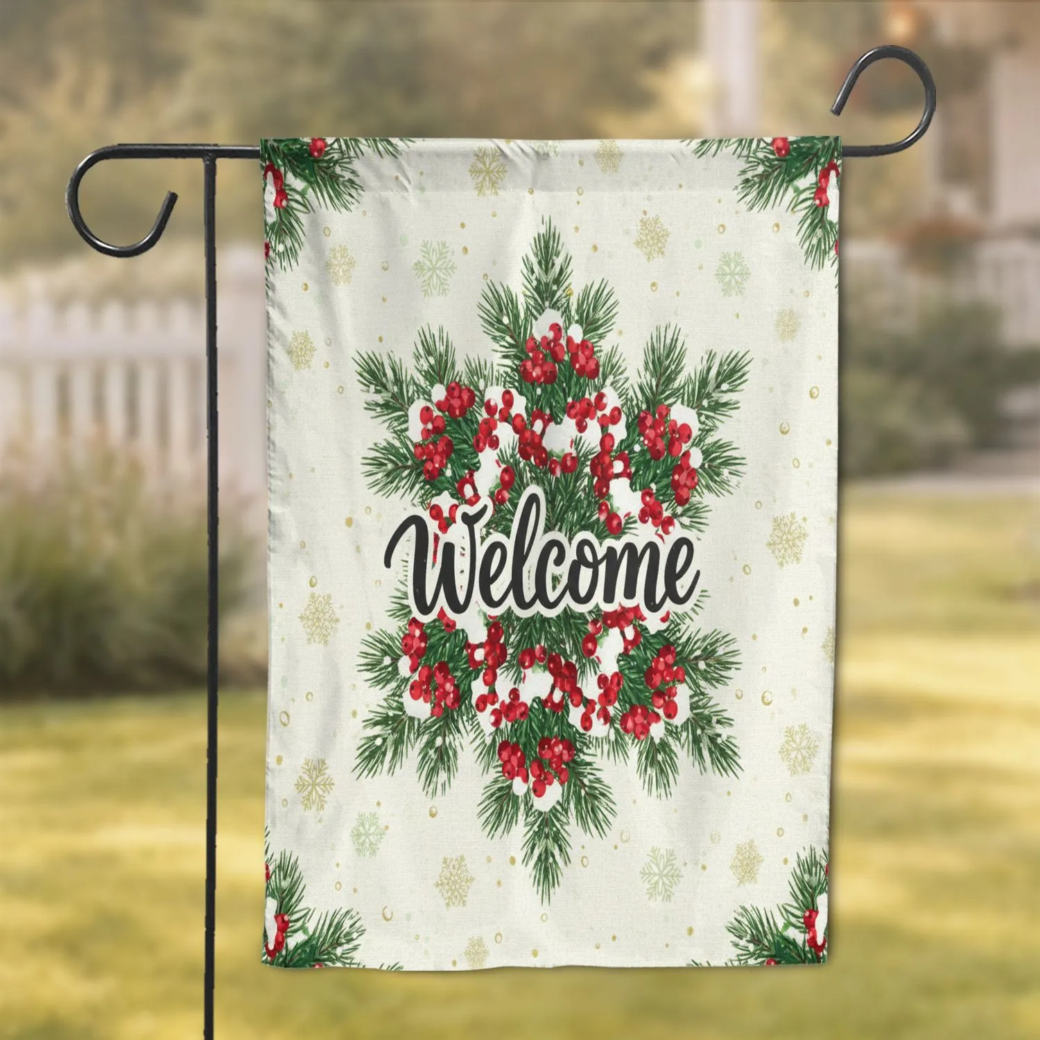 Welcome Winter Botanical Holly Snowflake - Christmas Home Decor Gift Garden Flag - 1