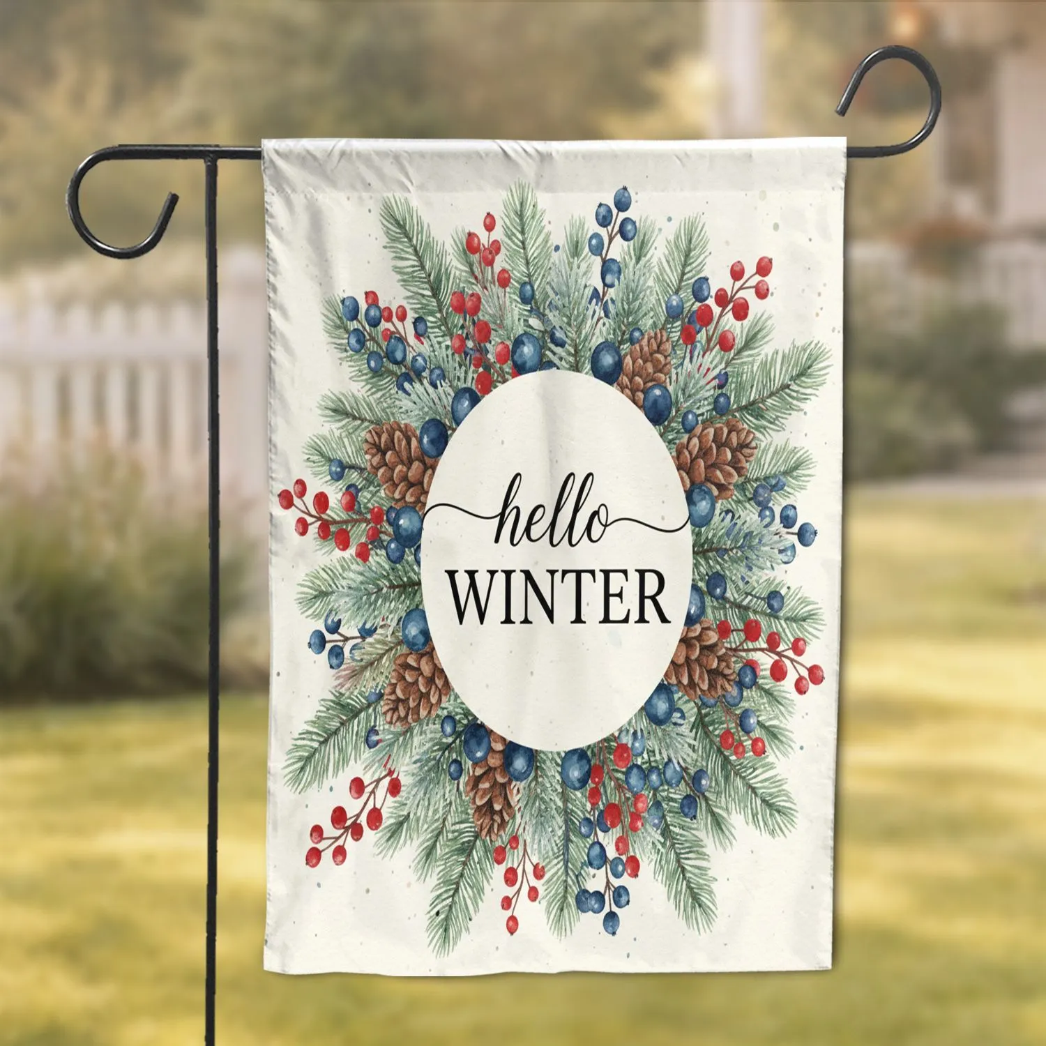 hello WINTER Text Evergreen Pine Branches Red Blue Berries - Winter Home Decor Garden Flag - 1