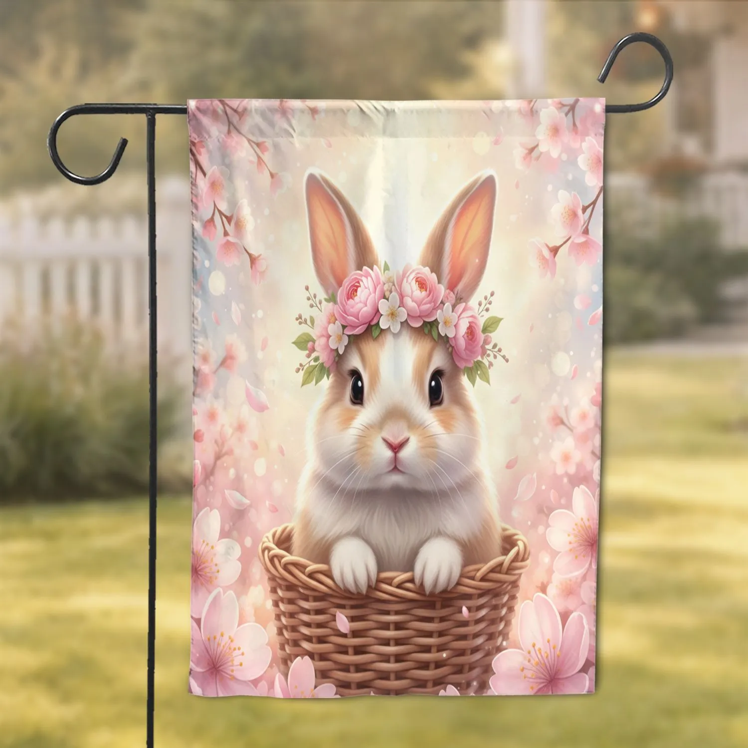 Baby Bunny Cherry Blossom Flower Crown Wicker Basket - Spring Home Decor Gift Garden Flag - 1