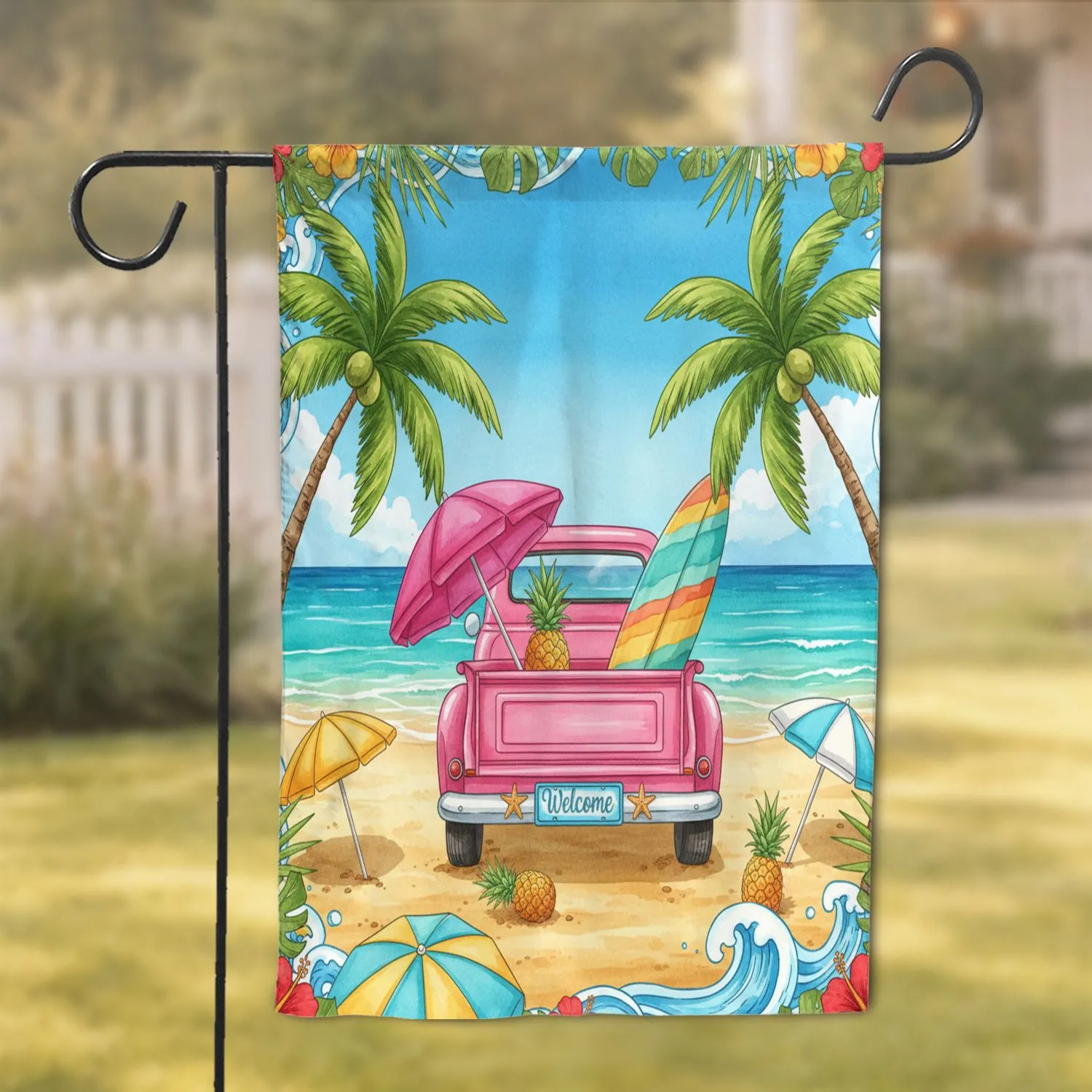 Retro Beach Car Welcome Pineapple Surfboard - Tropical Summer Decor Garden Flag - 1