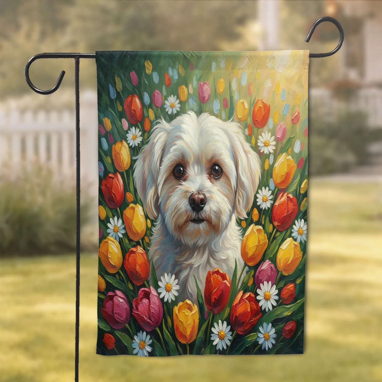 Maltese Dog Red Tulips Daisies Full Bloom Garden - Everyday Home Decor Gift for Dog Lovers Garden Flag - 1