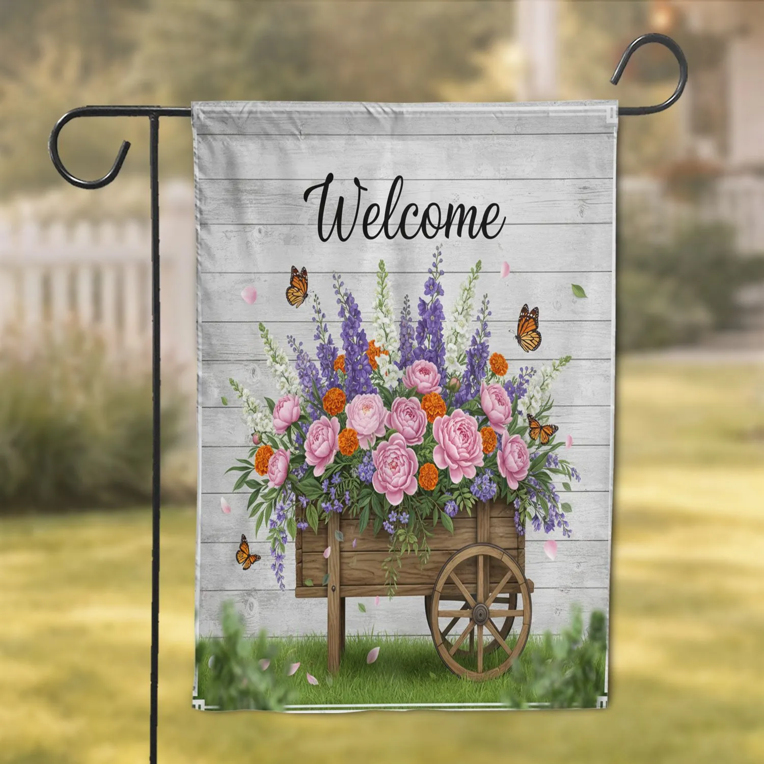 Welcome Flower Cart Overflowing Garden Flowers Monarch Butterflies - Farmhouse Home Decor Garden Flag - 1