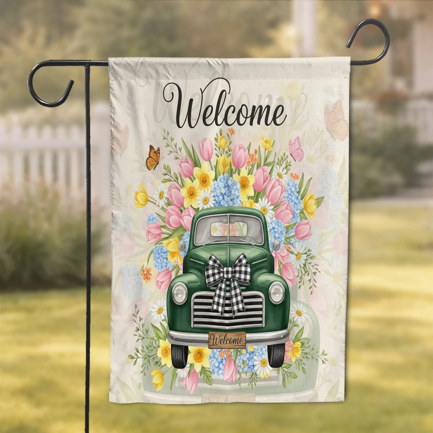 Vintage Green Pickup Truck Spring Flowers Welcome Home Decor Gift Garden Flag - 1