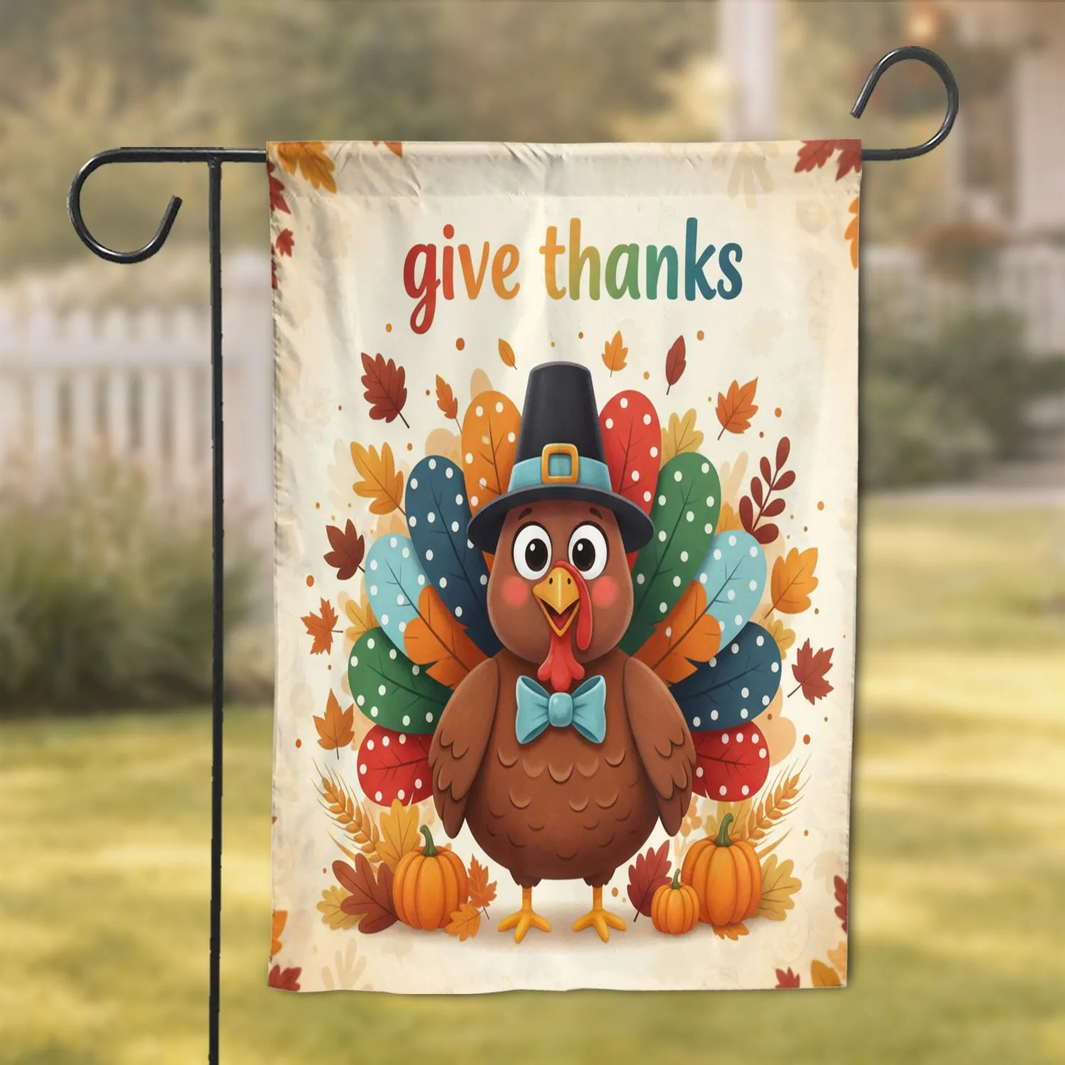 Pilgrim Hat Polka Dot Tail Turkey Autumn Leaves Give Thanks Thanksgiving Decor Garden Flag - 1