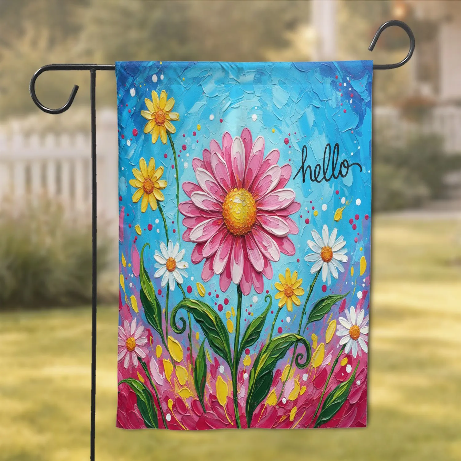 Pink Daisy 'Hello' Script Floral - Everyday Home Decor Garden Flag - 1