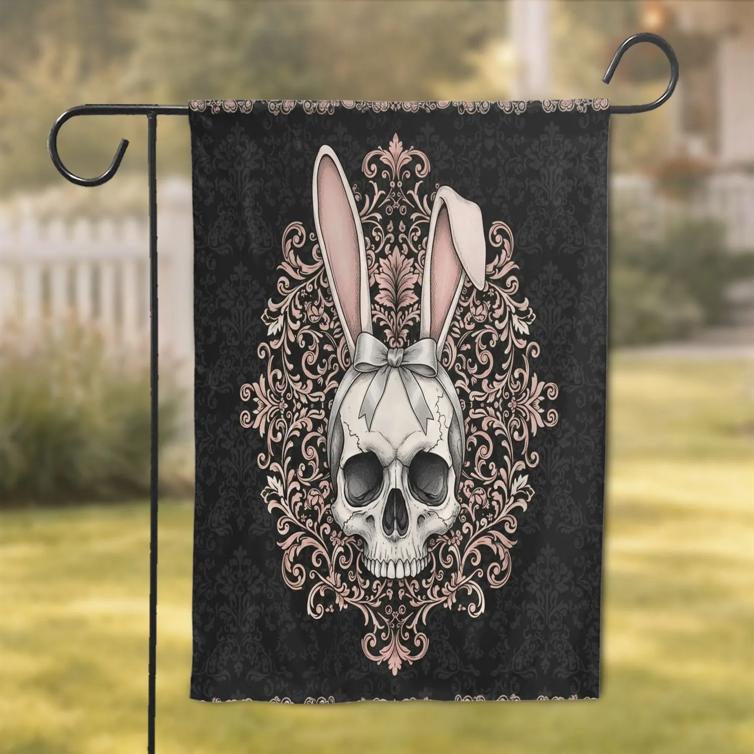 Gothic Human Skull Bunny Ears Bow Floral Botanical Scrollwork - Home Decor Gift Garden Flag - 1