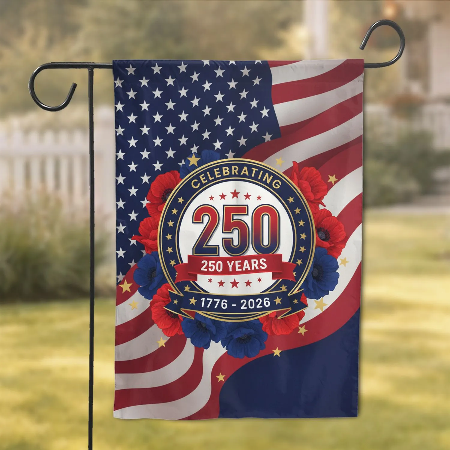 Patriotic Emblem 1776-2026 American Flag Poppies - USA 250th Anniversary Home Decor Garden Flag - 1