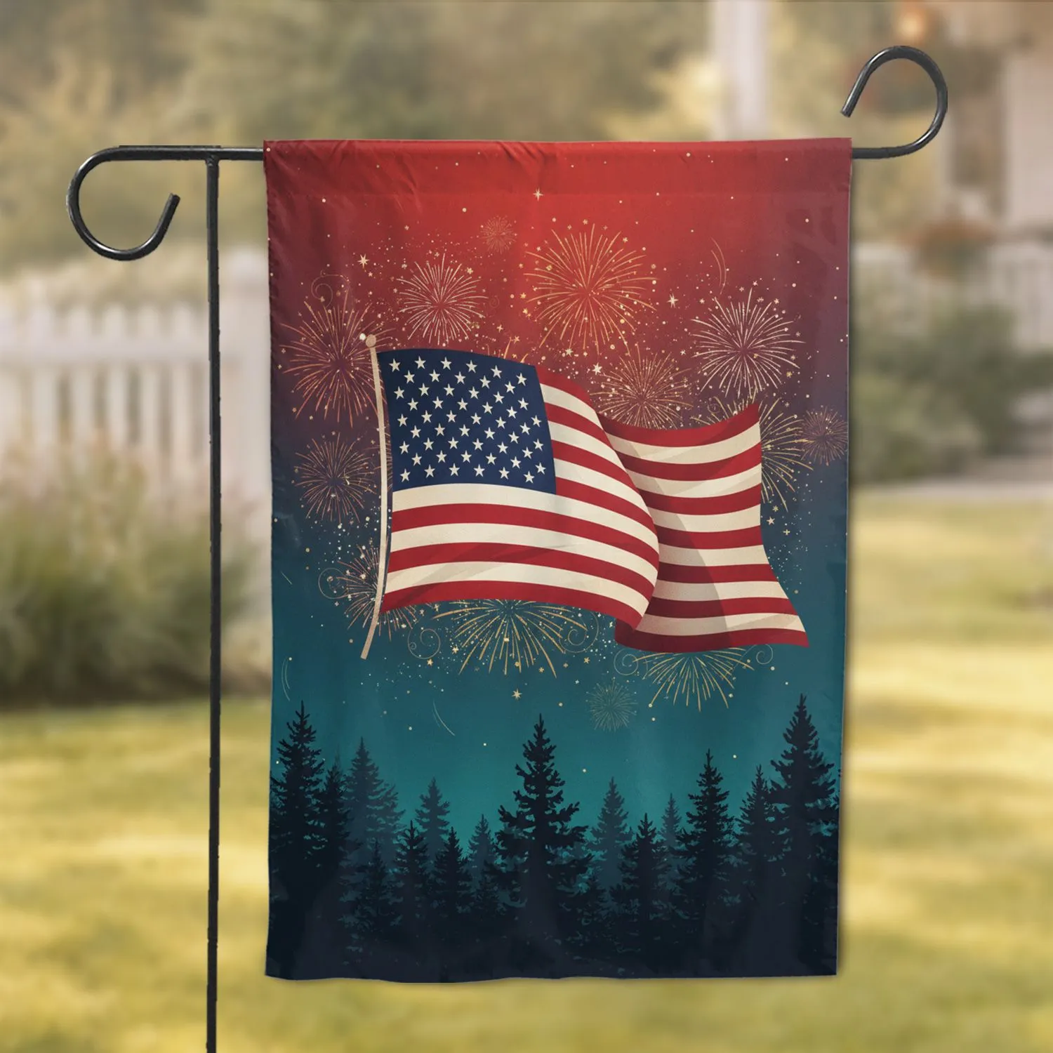 American Flag Fireworks Pine Forest - Independence Day Celebration for American Flag Lovers Garden Flag - 1