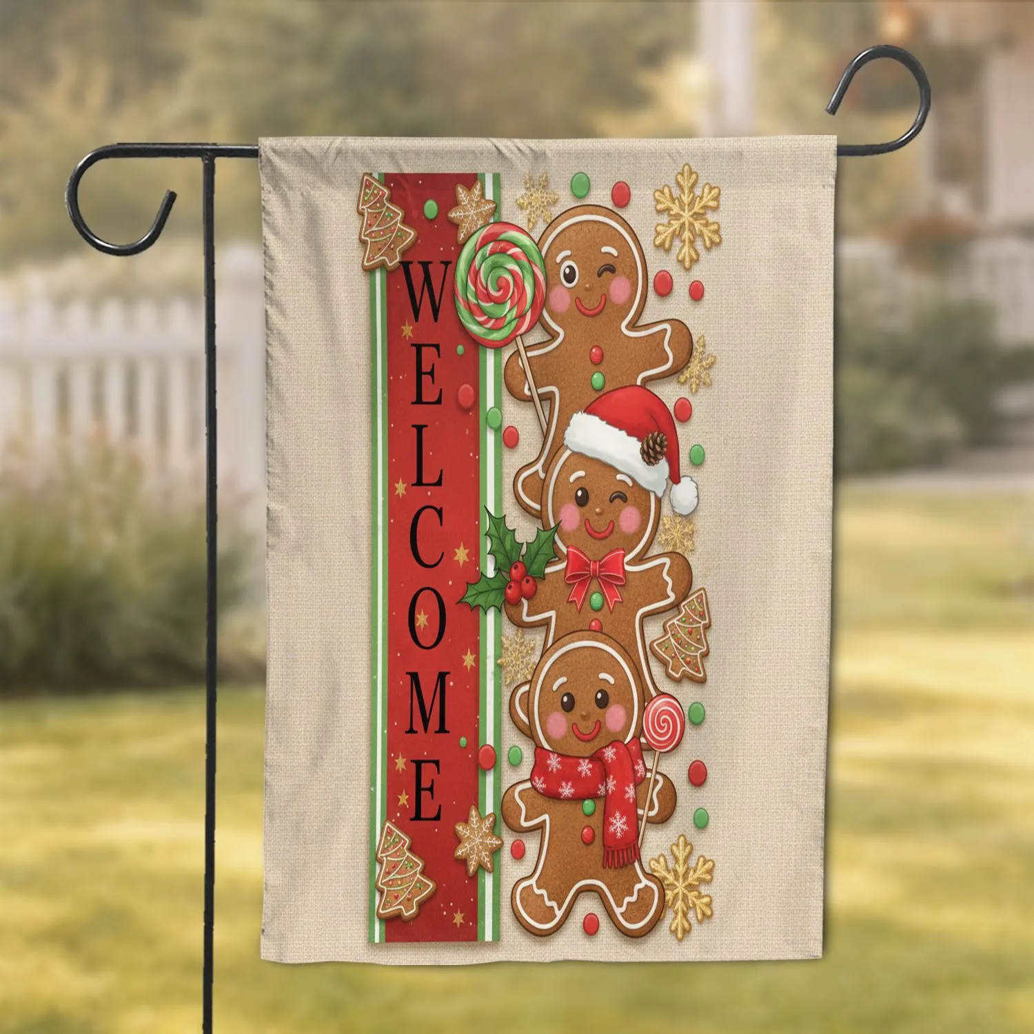 Gingerbread People Welcome Christmas Holly Santa Hat Lollipop Scarf Holiday Decor Garden Flag - 1