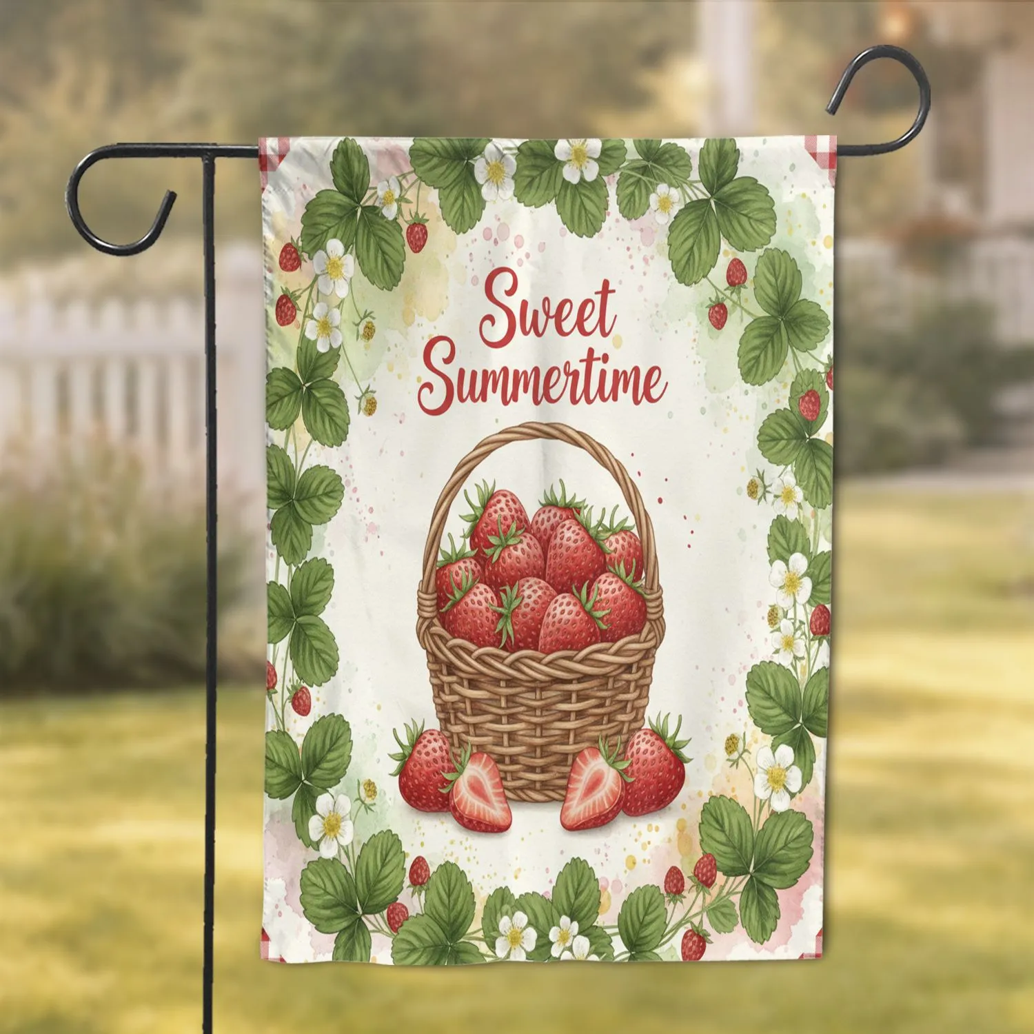 Ripe Strawberries Wicker Basket Sweet Summertime - Summer Home Decor Garden Flag - 1