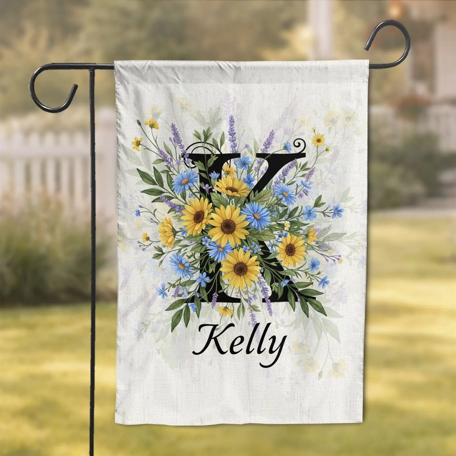 Custom Letter and Name Wildflower Bouquet Golden Daisy Sky Blue Aster - Farmhouse Decor Gift Garden Flag - 1