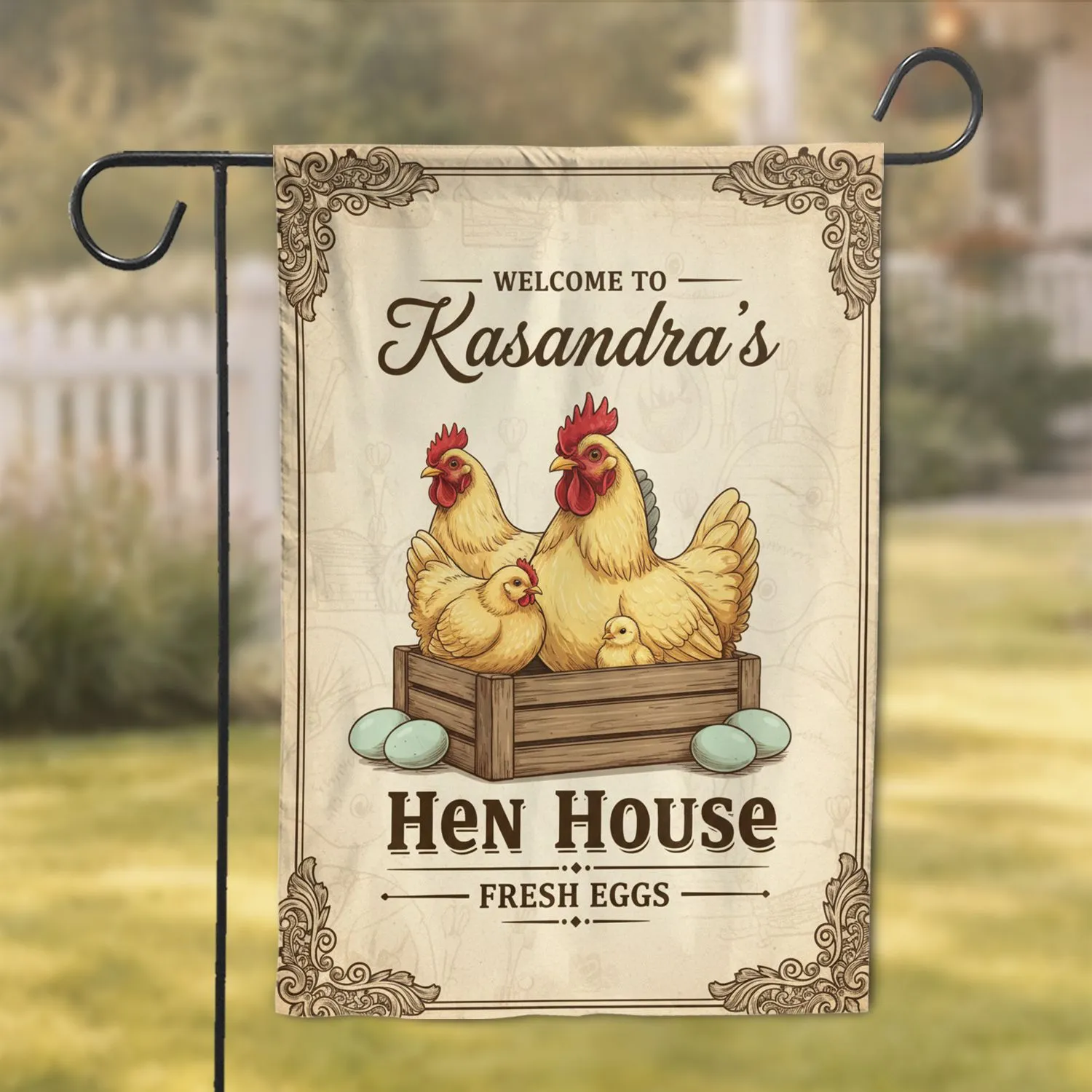 Custom Name Hen House Hens Farm Eggs - Farmhouse Decor Hen Lover Gift Garden Flag - 1