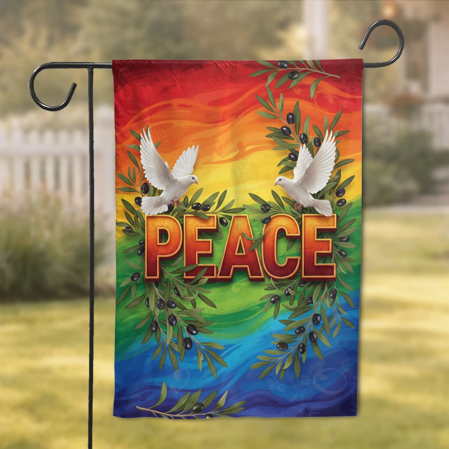 PEACE Word Doves Olive Branches Leaves Olives Rainbow - Living Room Decor Gift Garden Flag - 1